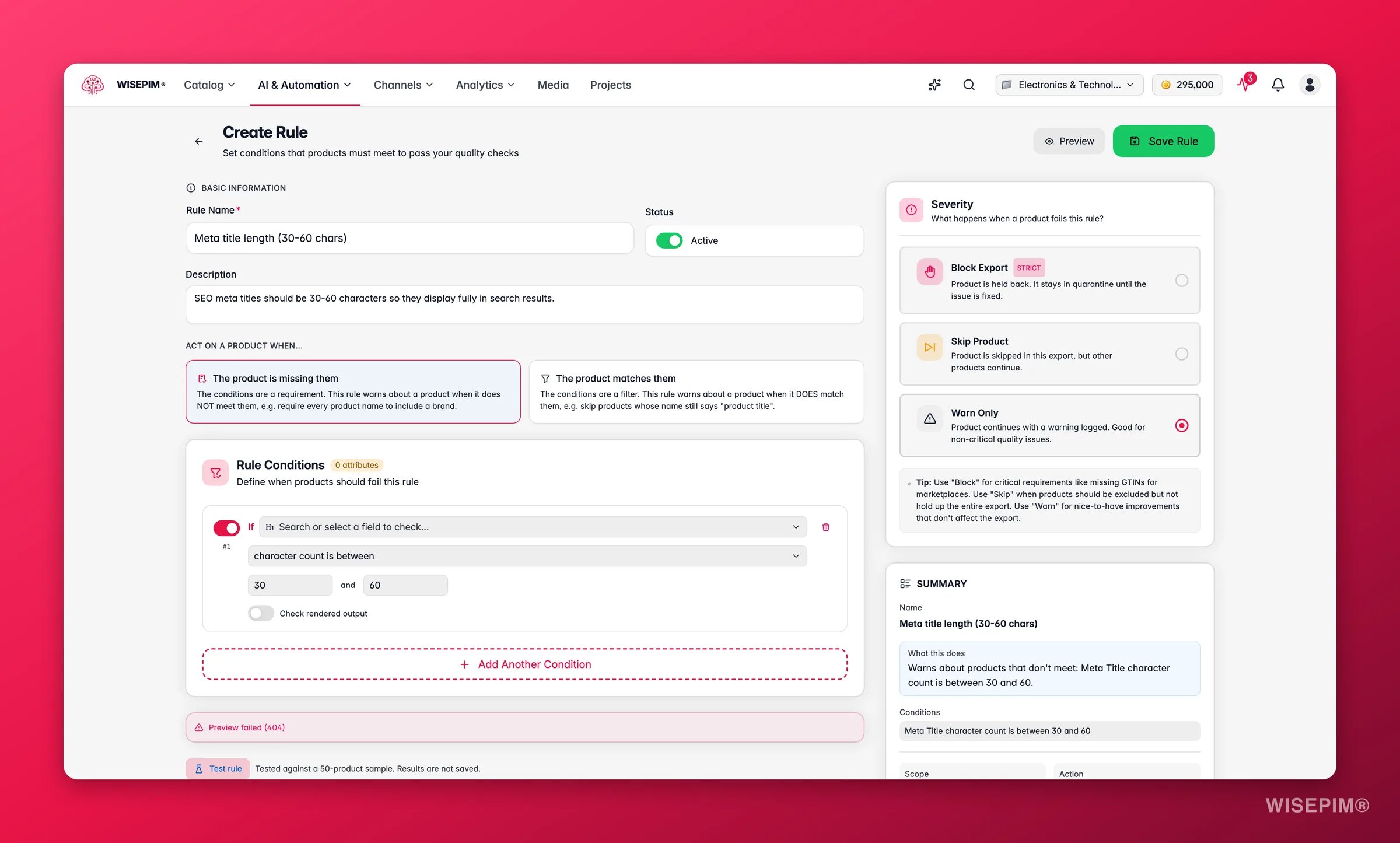 WISEPIM Quality Guard rule builder configuring a meta-title length check with warn severity