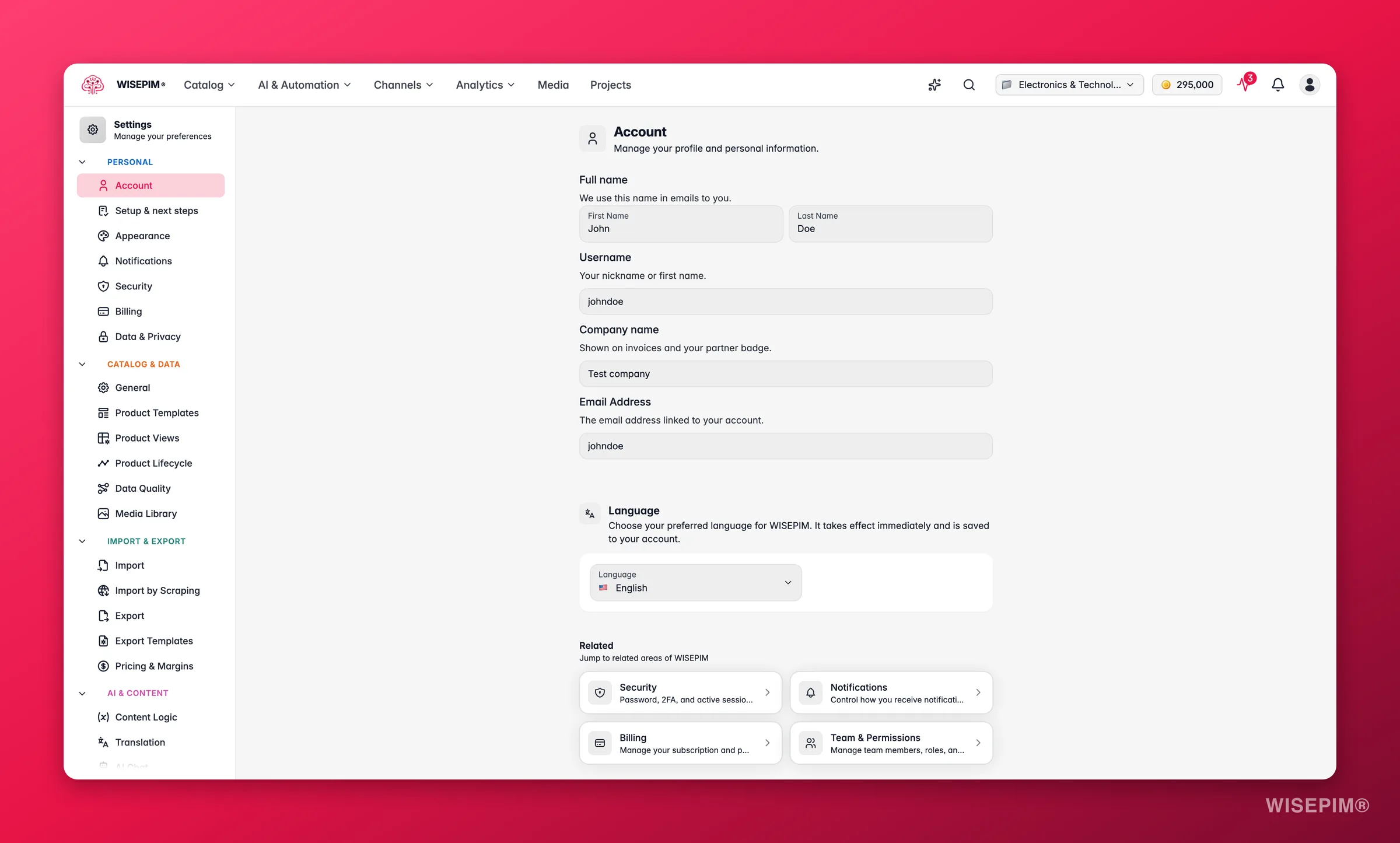 WISEPIM account settings with profile, language and security