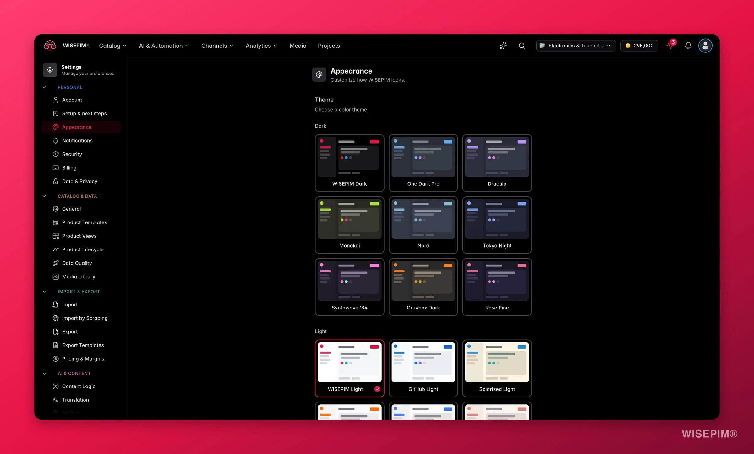 WISEPIM appearance settings with theme and density controls