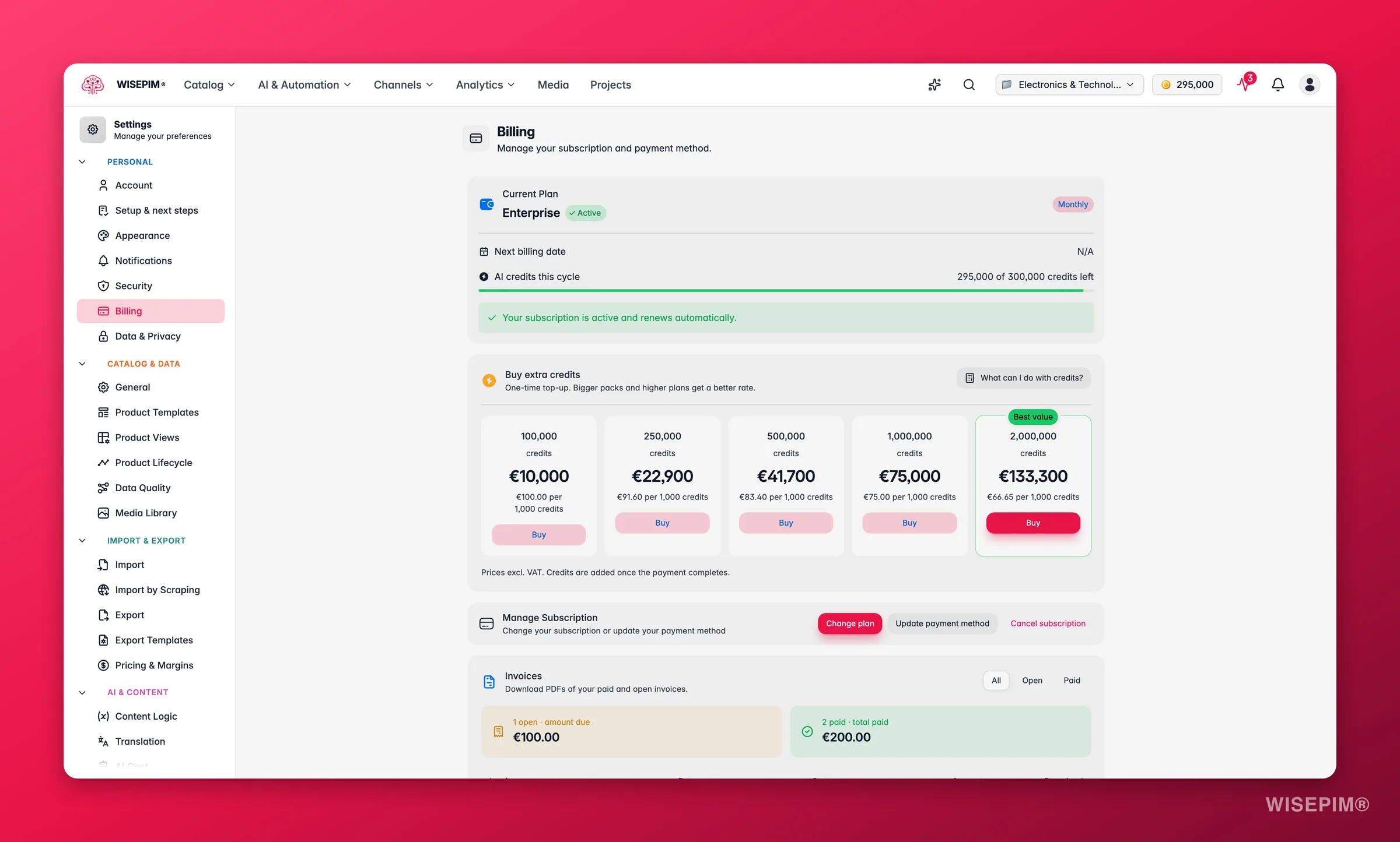 WISEPIM billing, plan and credit usage