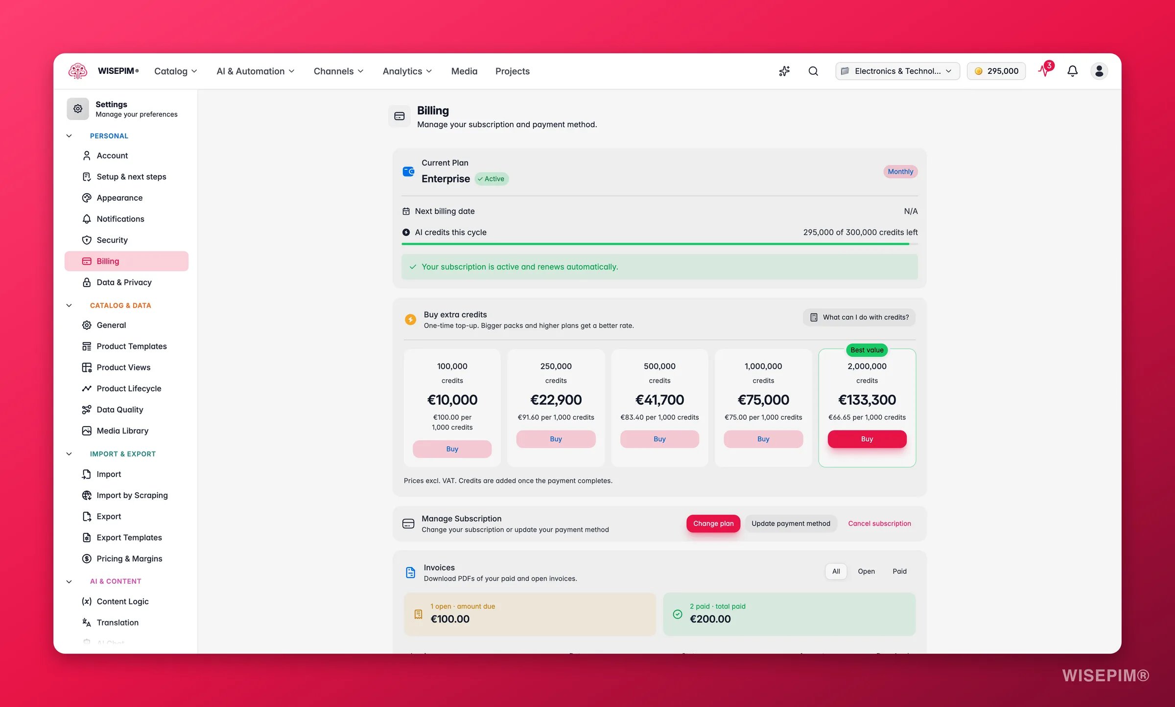 WISEPIM billing, plan and credit usage