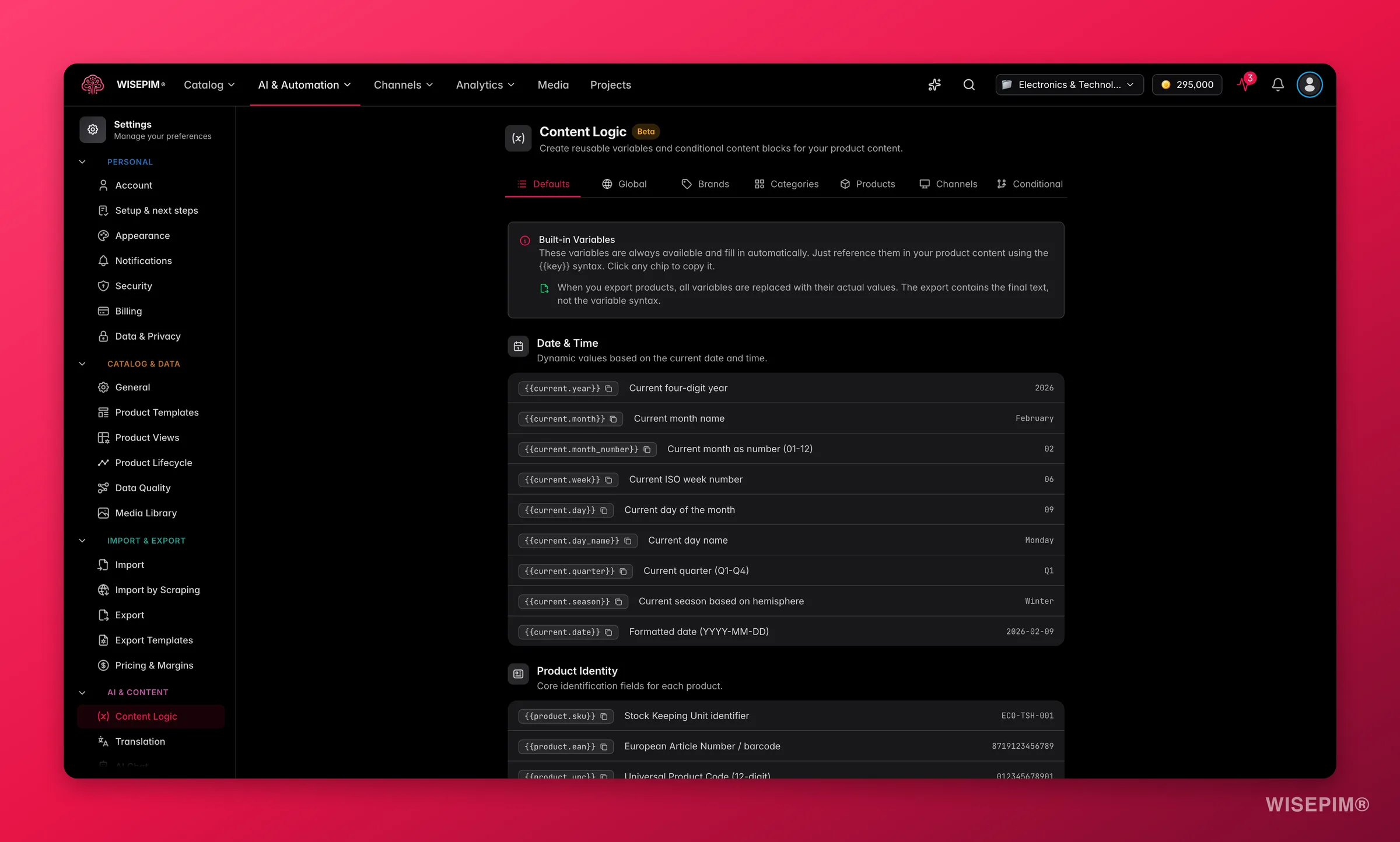WISEPIM content logic builder with reusable variables, formulas and channel rules