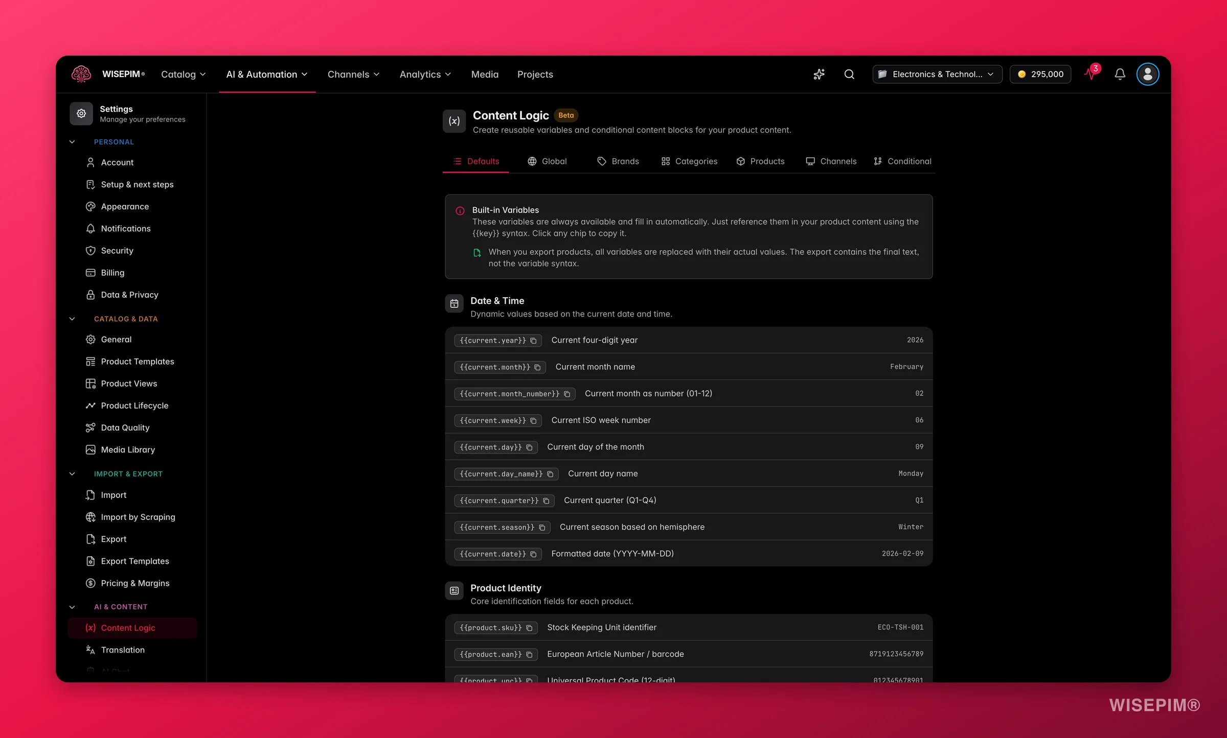 WISEPIM content logic builder with reusable variables, formulas and channel rules