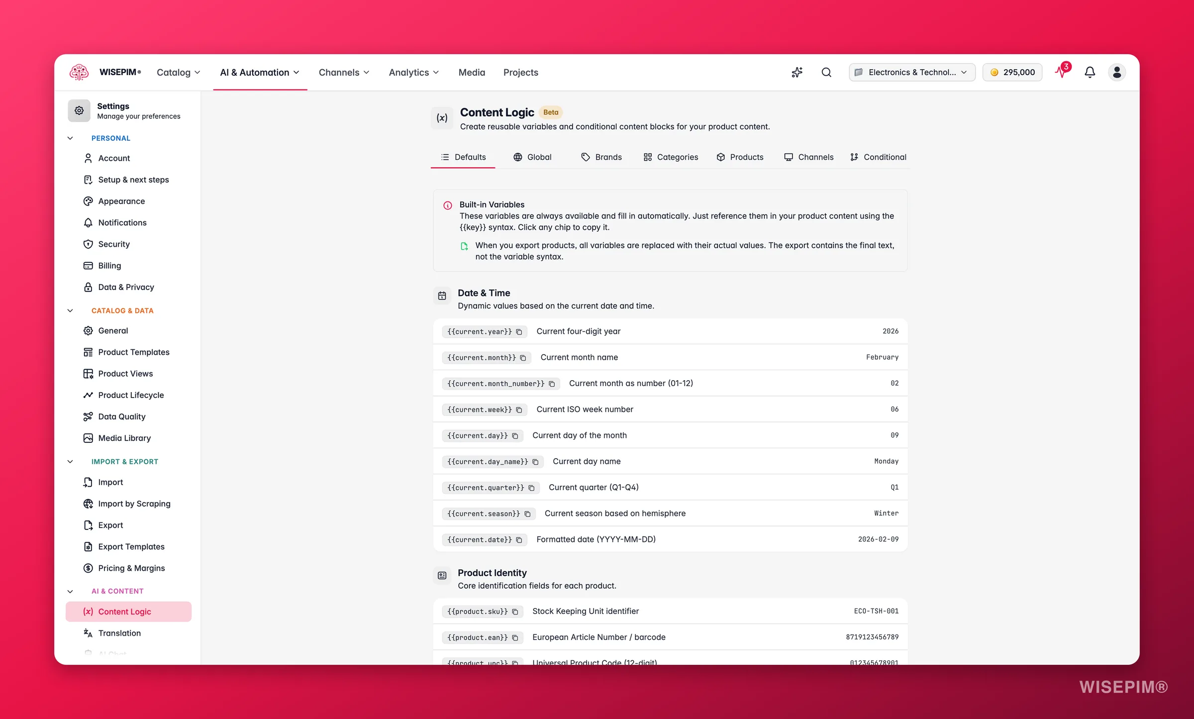 WISEPIM content logic builder with reusable variables, formulas and channel rules