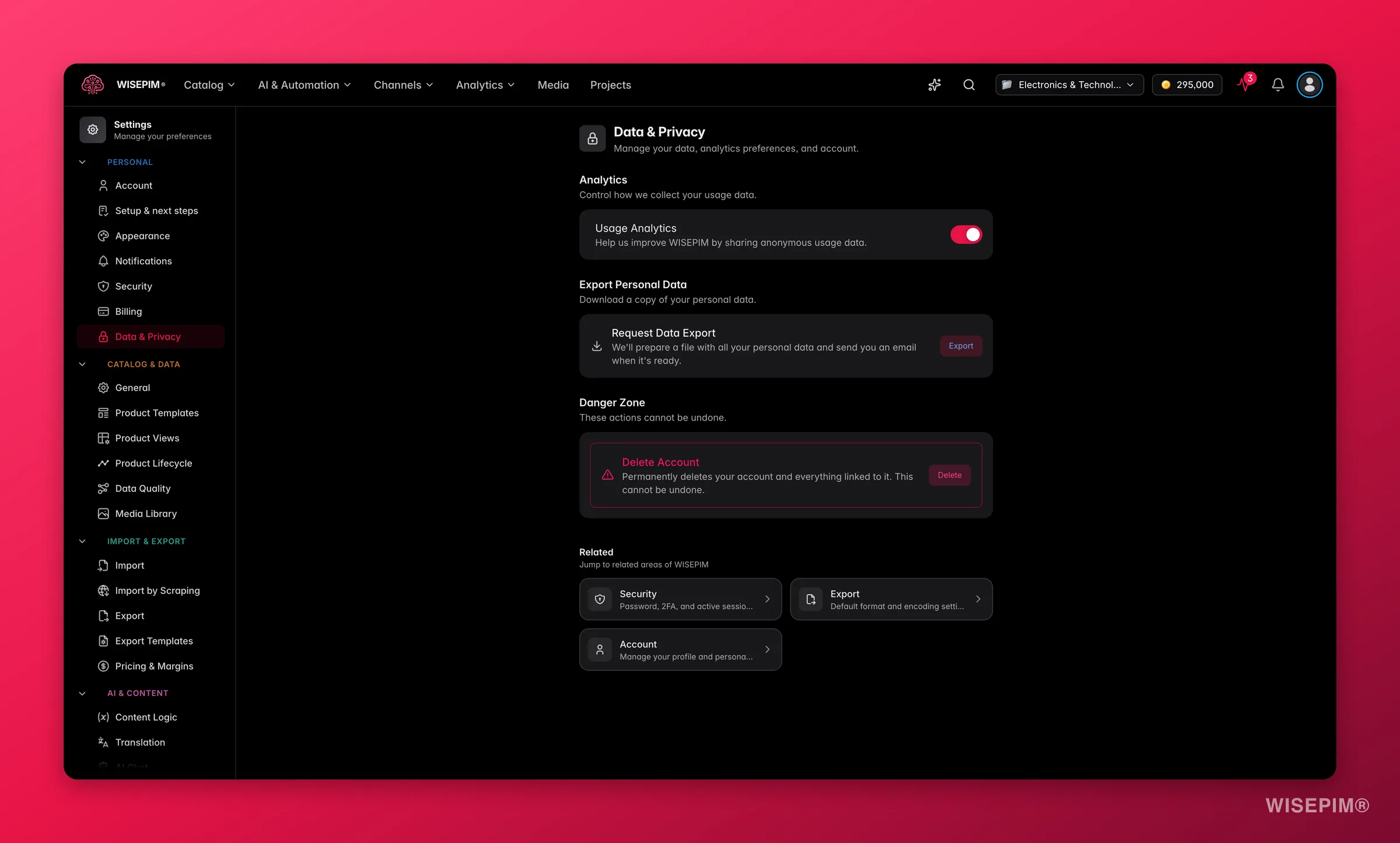 WISEPIM data & privacy settings, analytics consent, personal-data export and account deletion