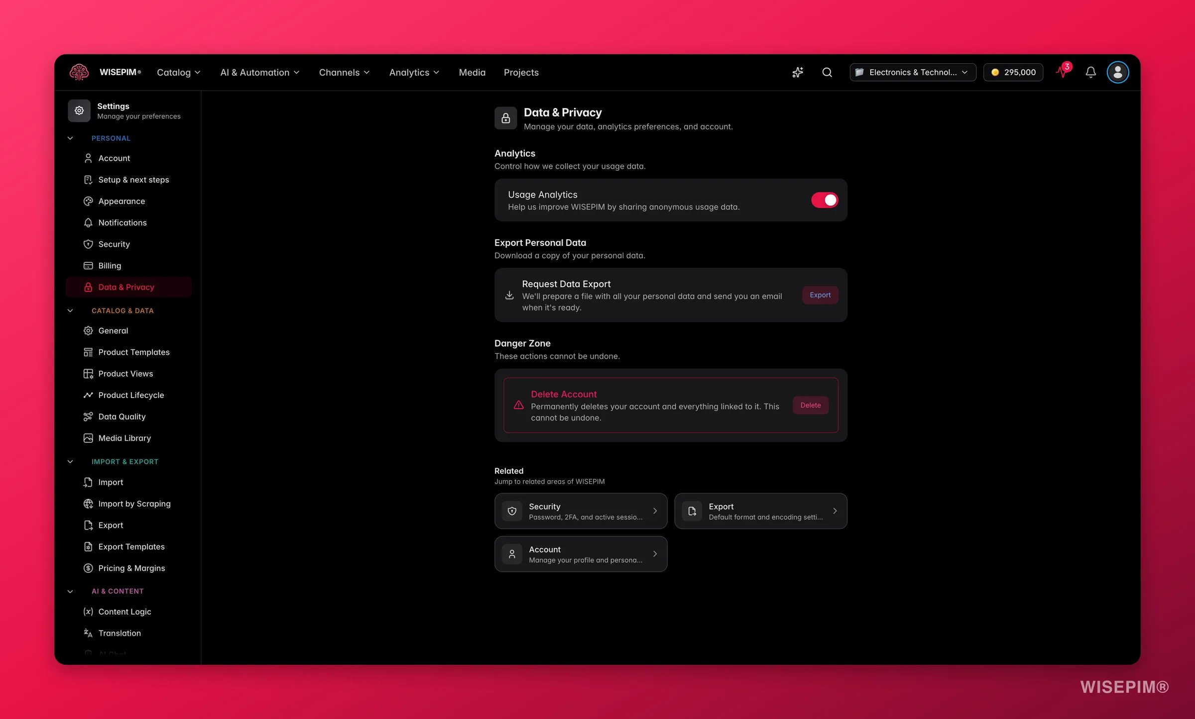 WISEPIM data & privacy settings, analytics consent, personal-data export and account deletion