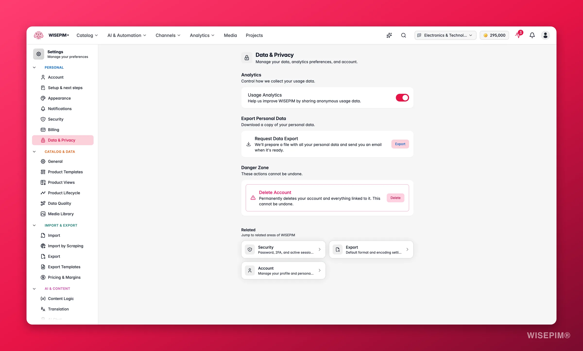 WISEPIM data & privacy settings, analytics consent, personal-data export and account deletion