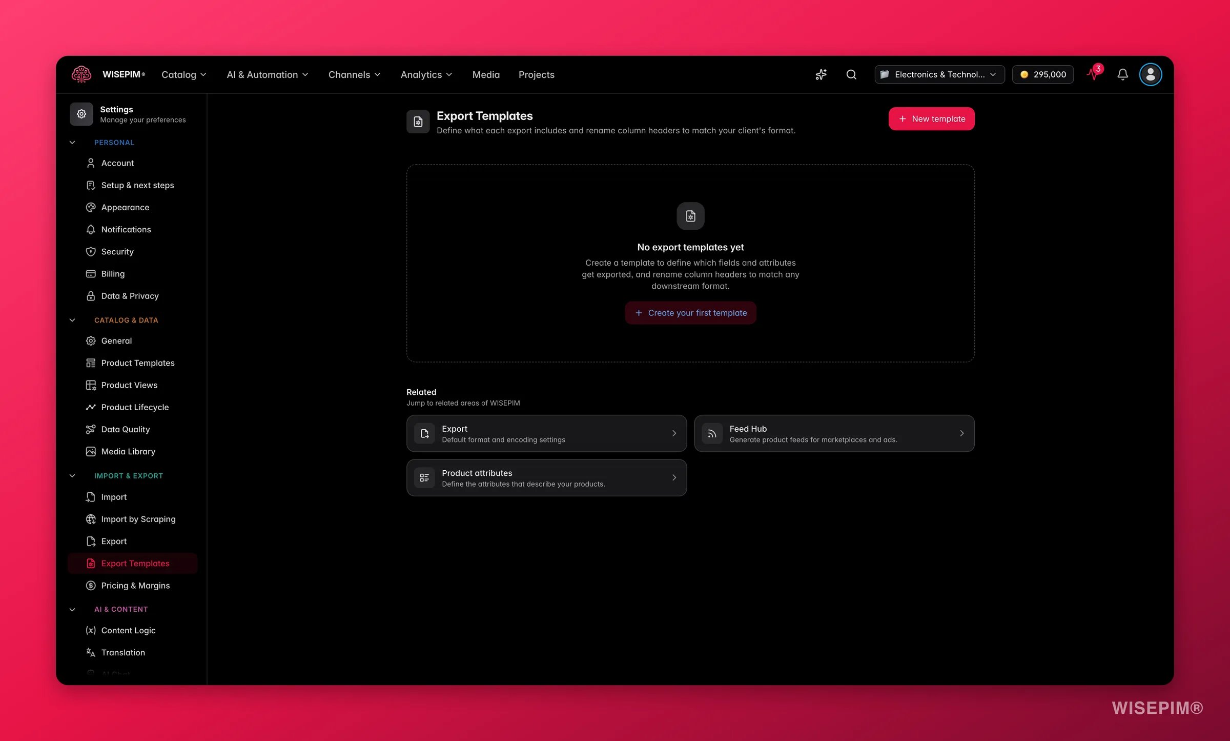 WISEPIM export templates mapping fields per channel