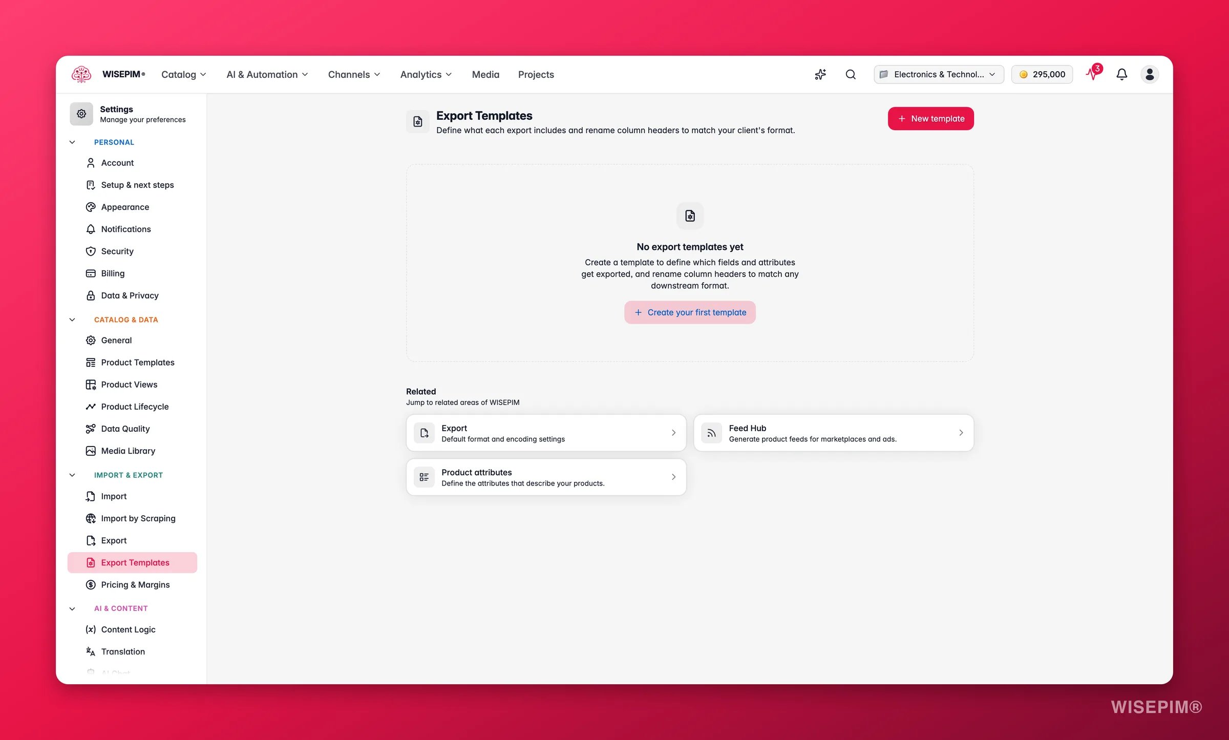 WISEPIM export templates mapping fields per channel
