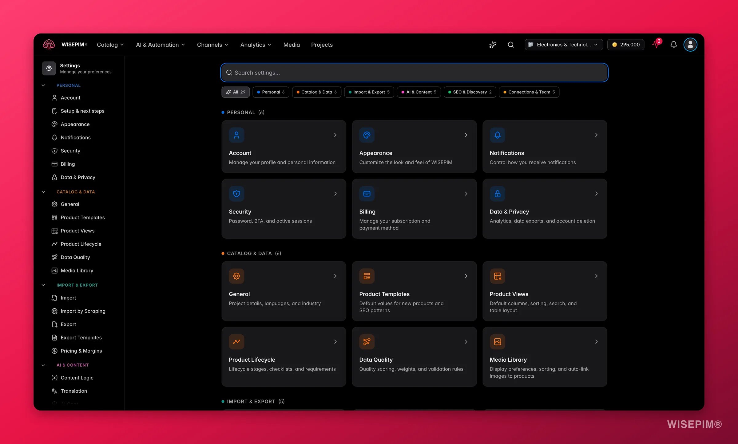 WISEPIM settings hub with searchable, category-filtered personal and project settings