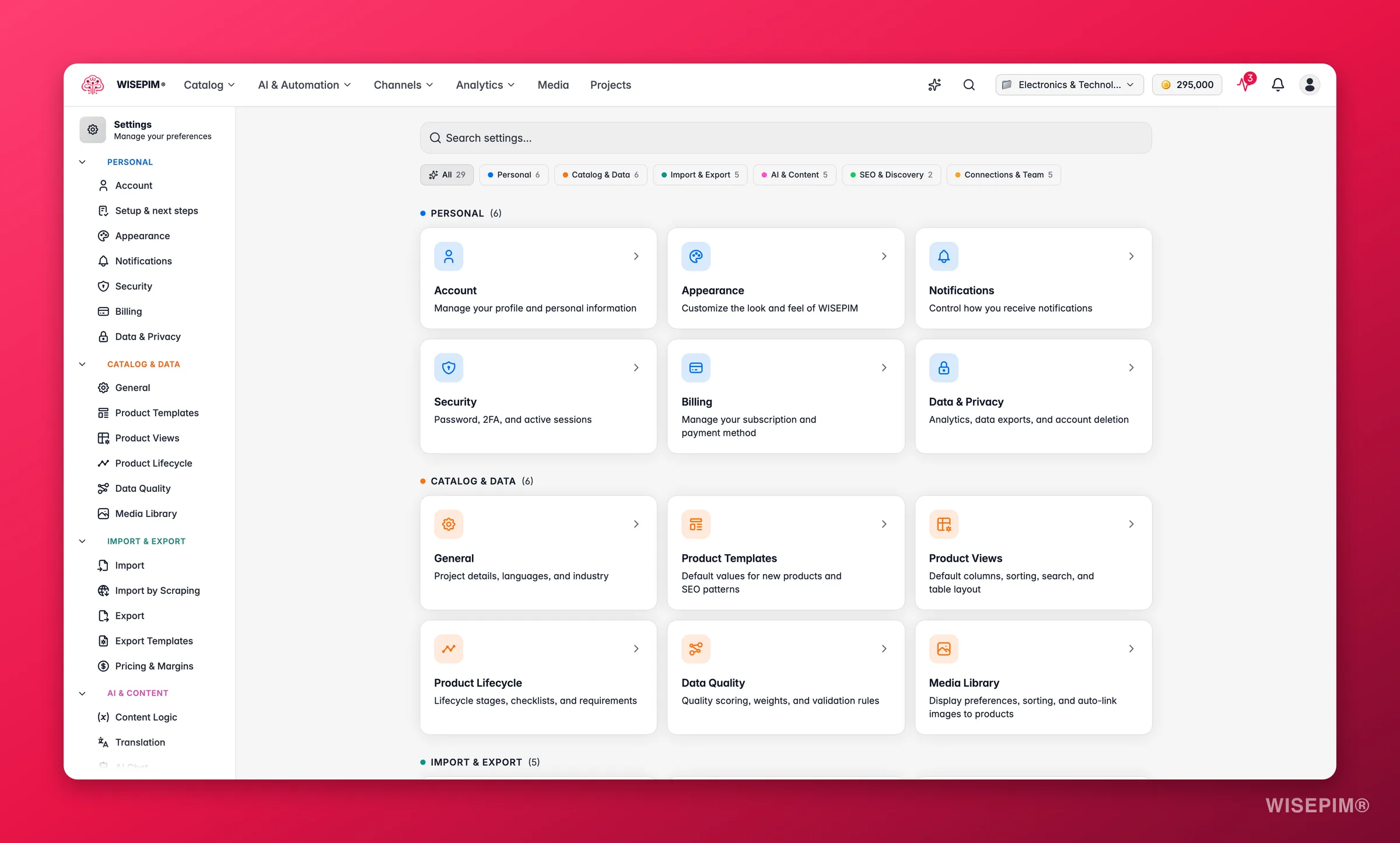 WISEPIM settings hub with searchable, category-filtered personal and project settings
