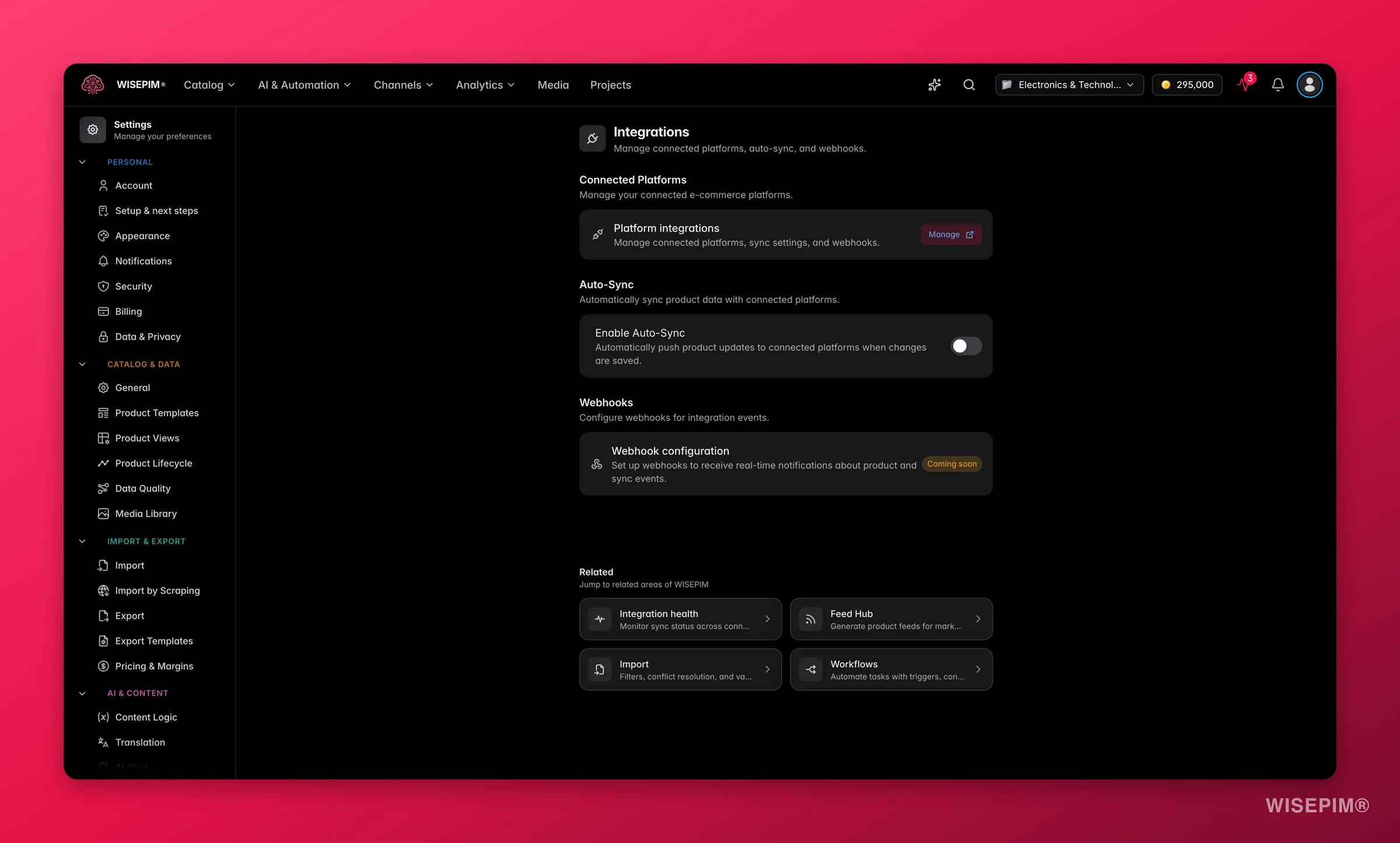 WISEPIM integration settings and connected channels