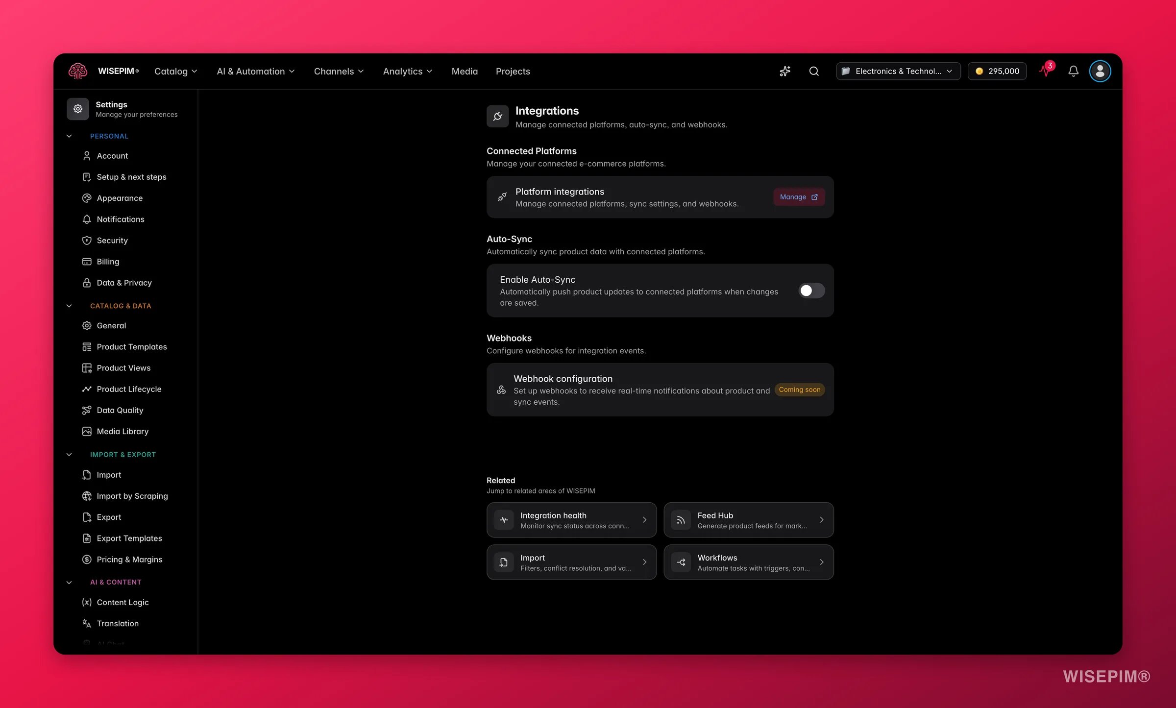 WISEPIM integration settings and connected channels