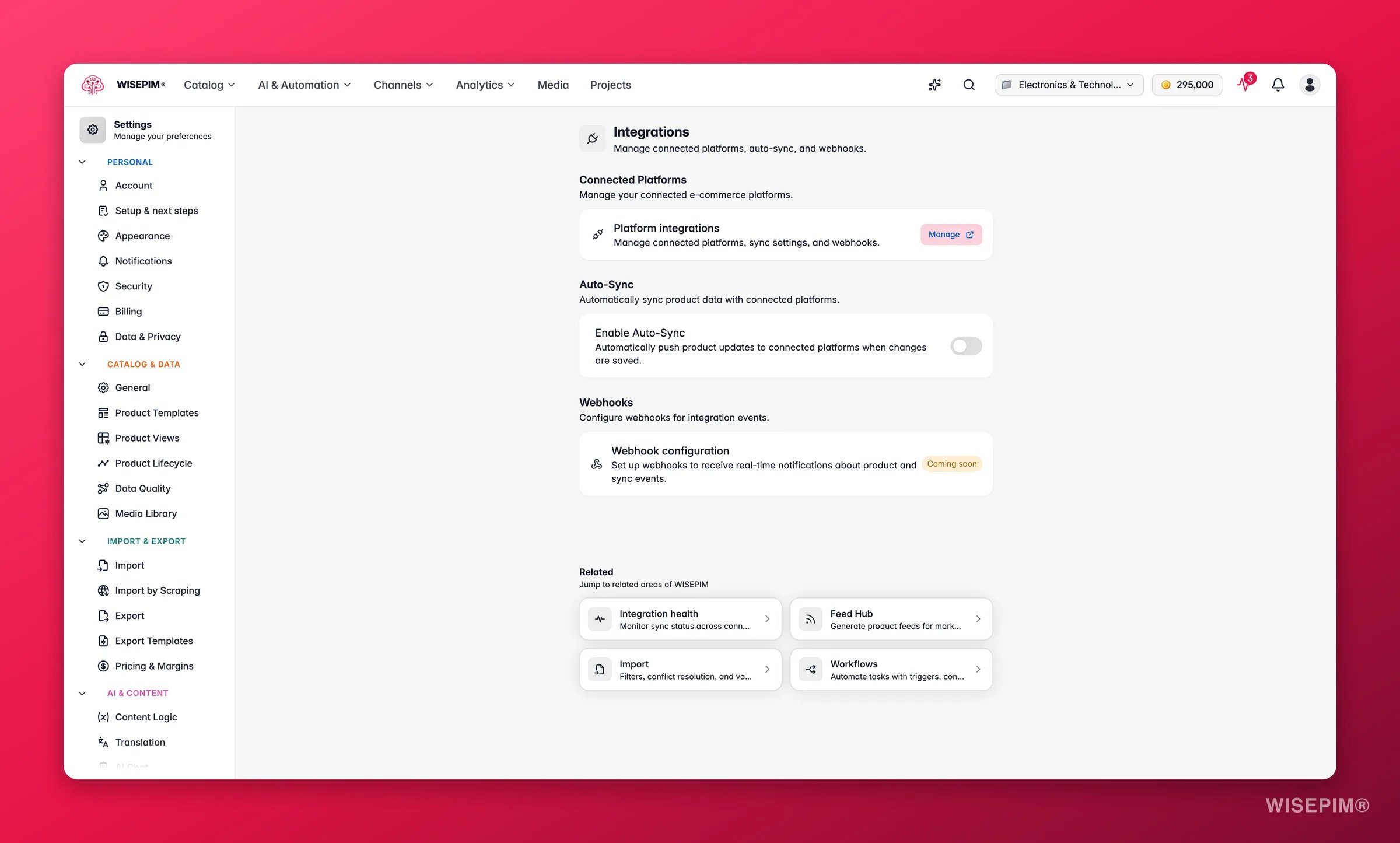 WISEPIM integration settings and connected channels