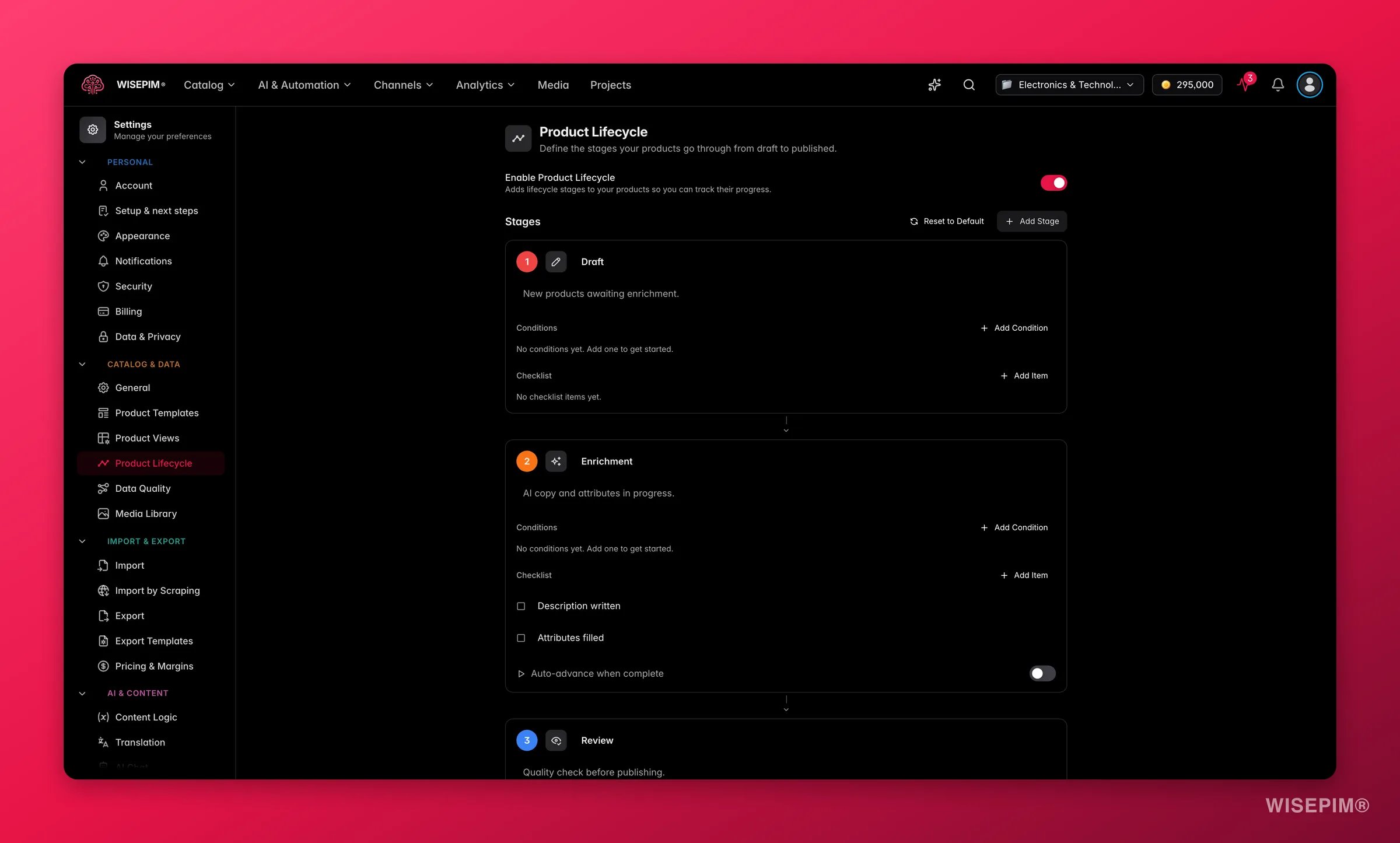 WISEPIM product lifecycle stages and status automation