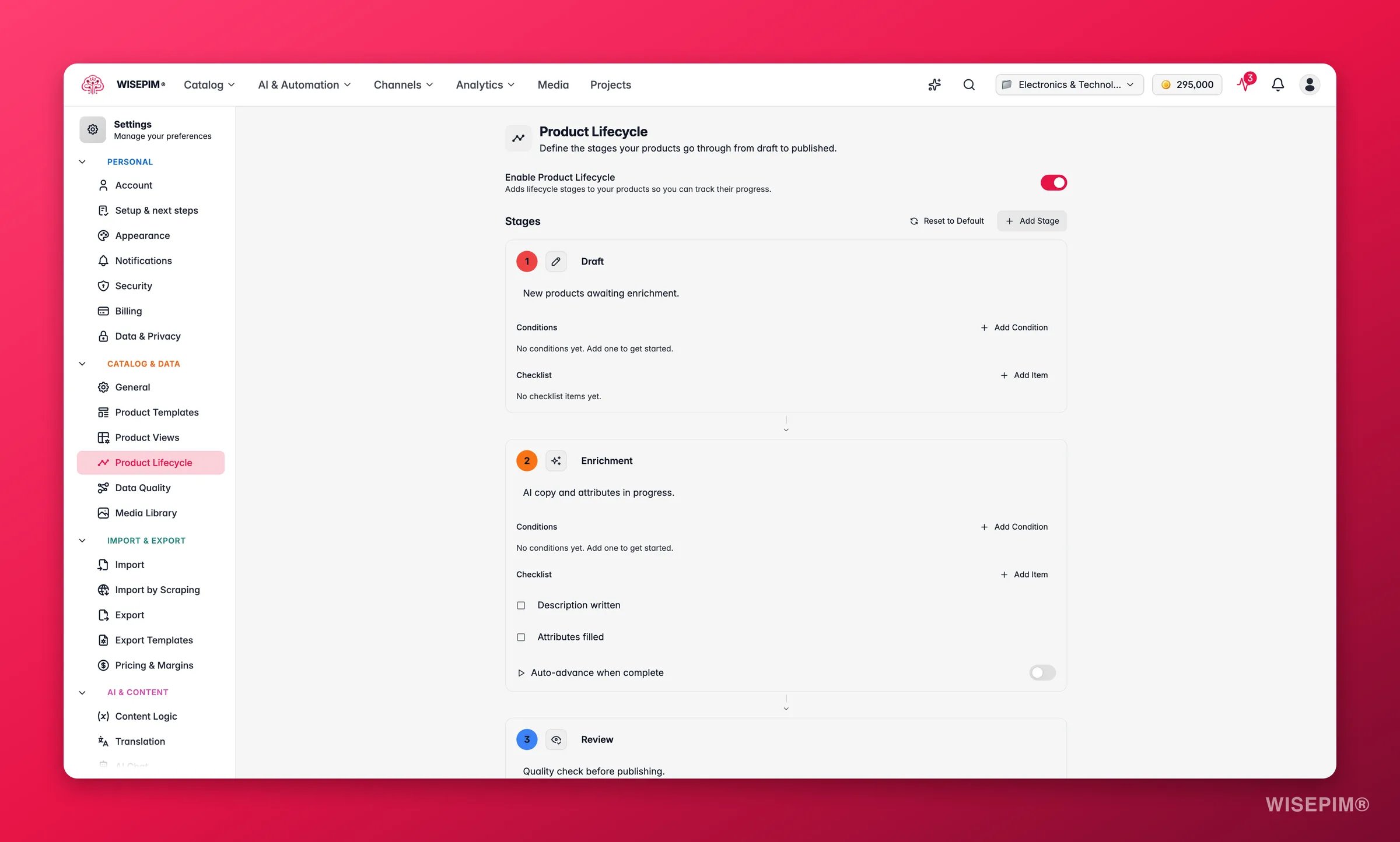 WISEPIM product lifecycle stages and status automation