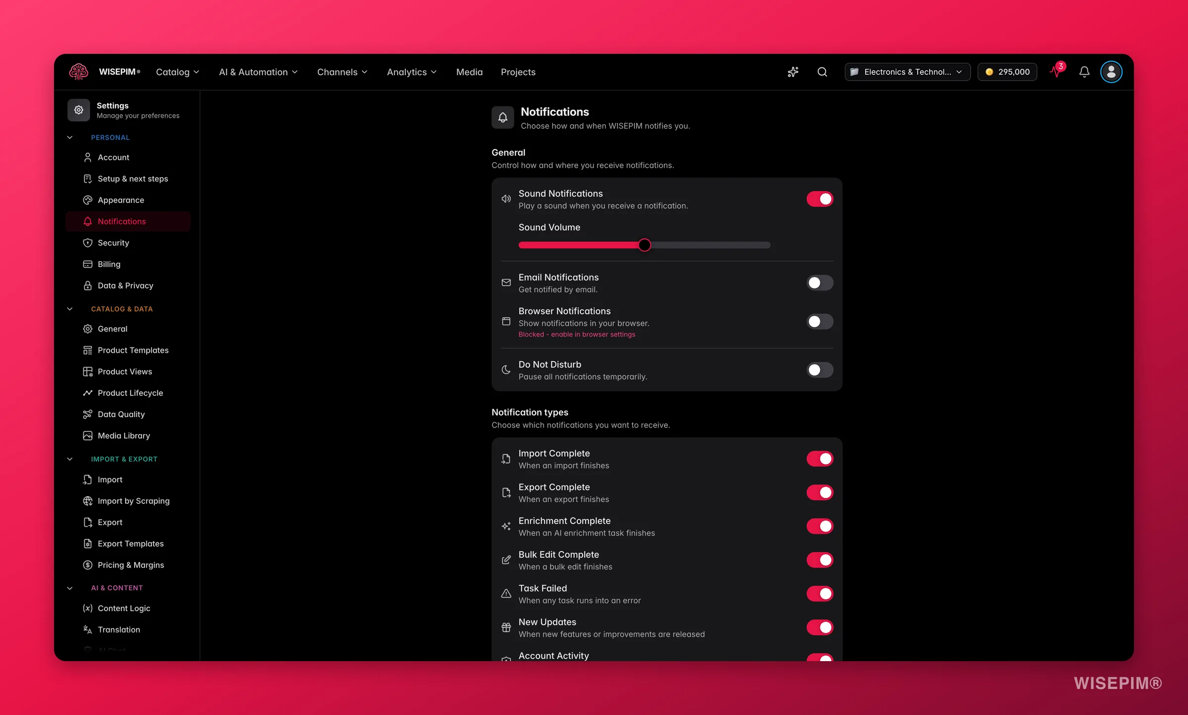 WISEPIM notification preferences across channels