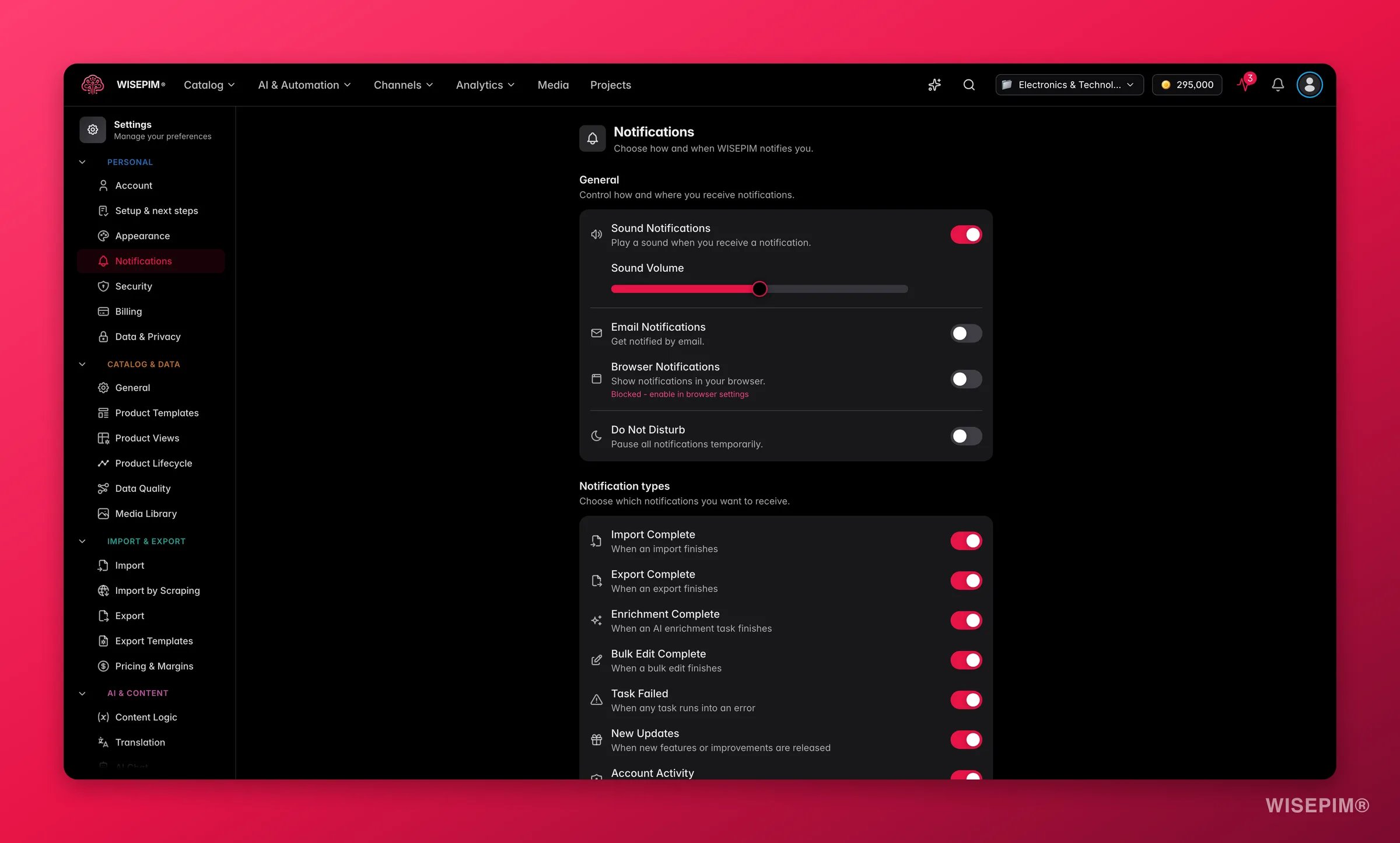 WISEPIM notification preferences across channels
