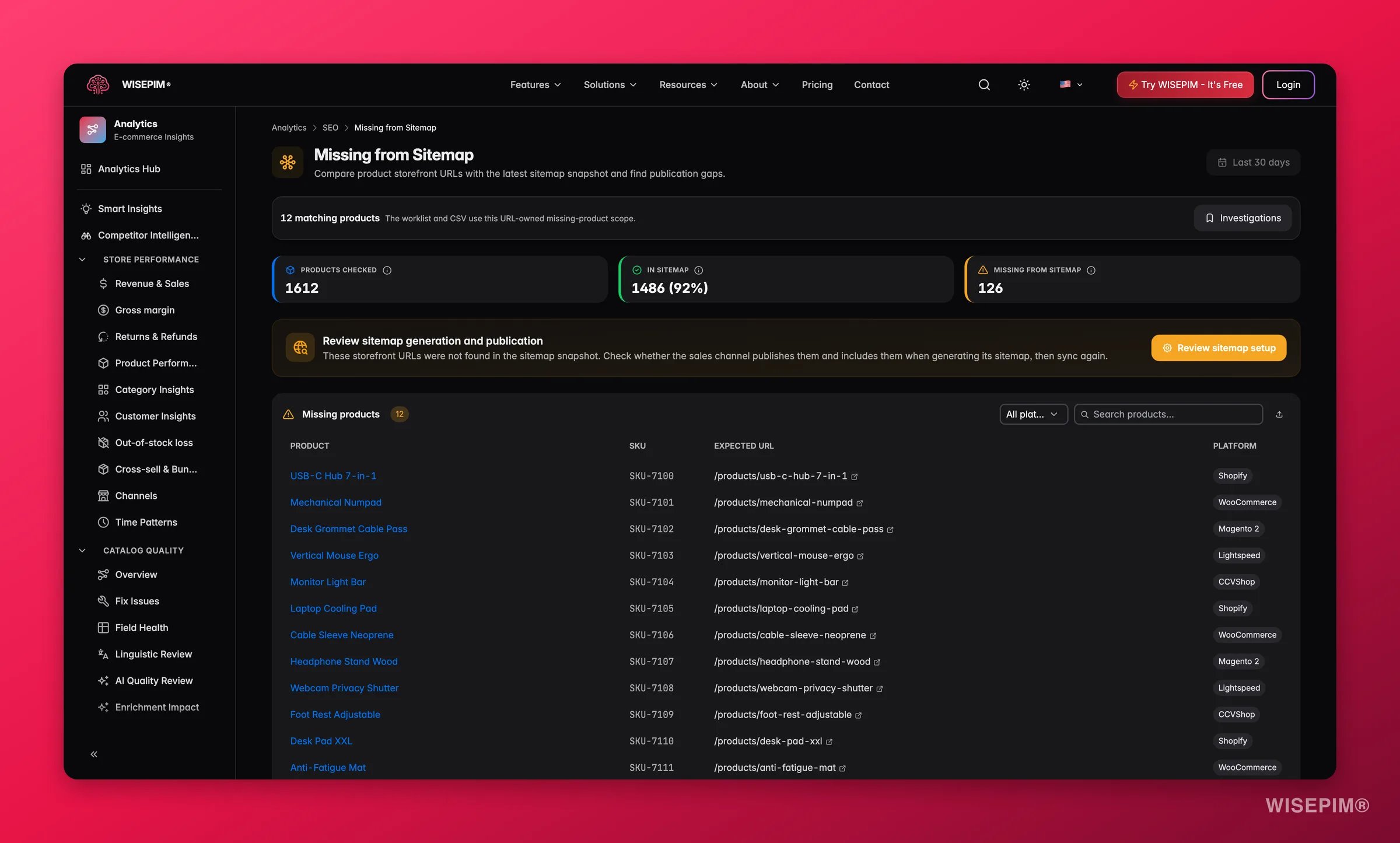 Brechas del sitemap SEO de WISEPIM detectando productos que faltan en el sitemap