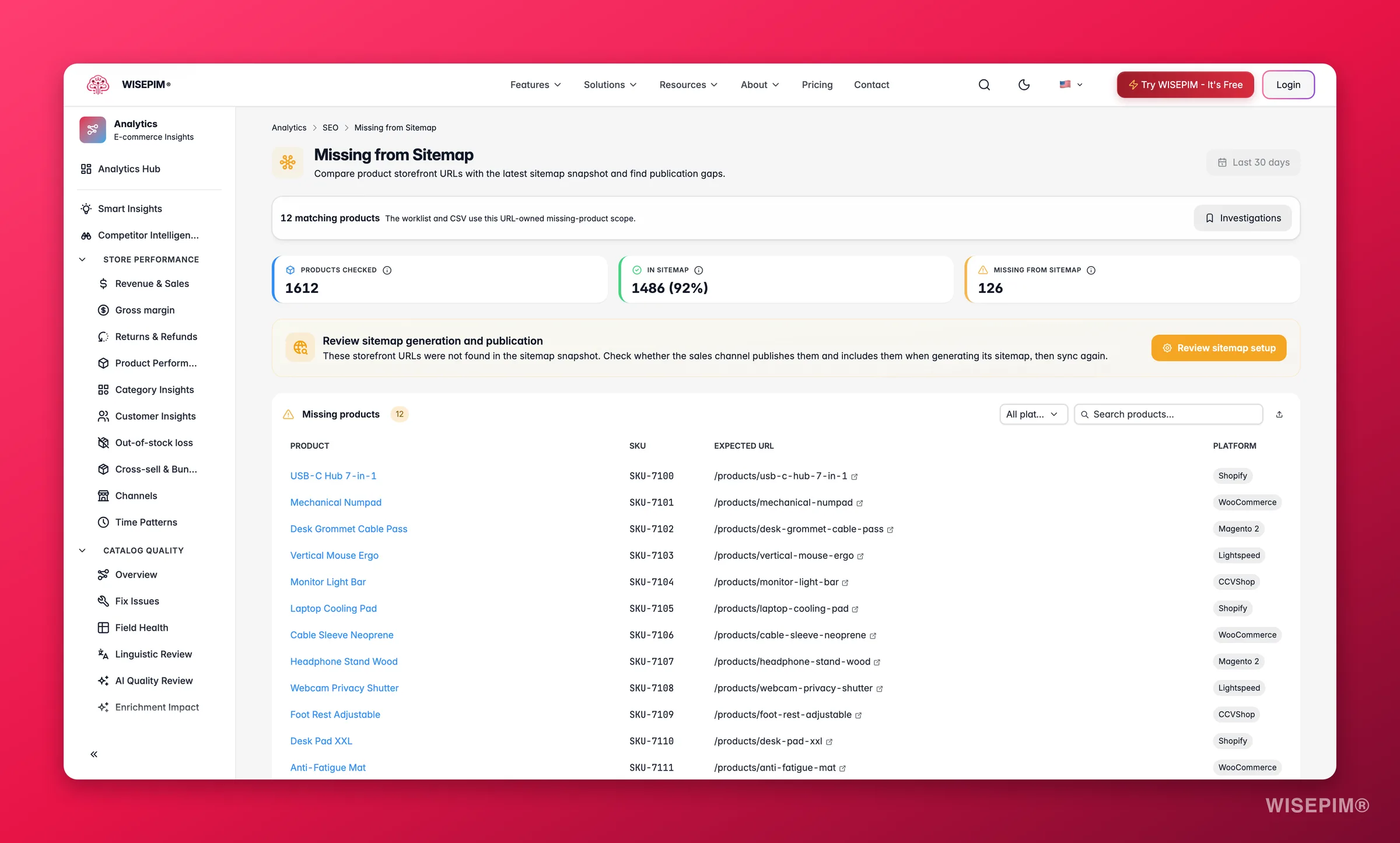Brechas del sitemap SEO de WISEPIM detectando productos que faltan en el sitemap