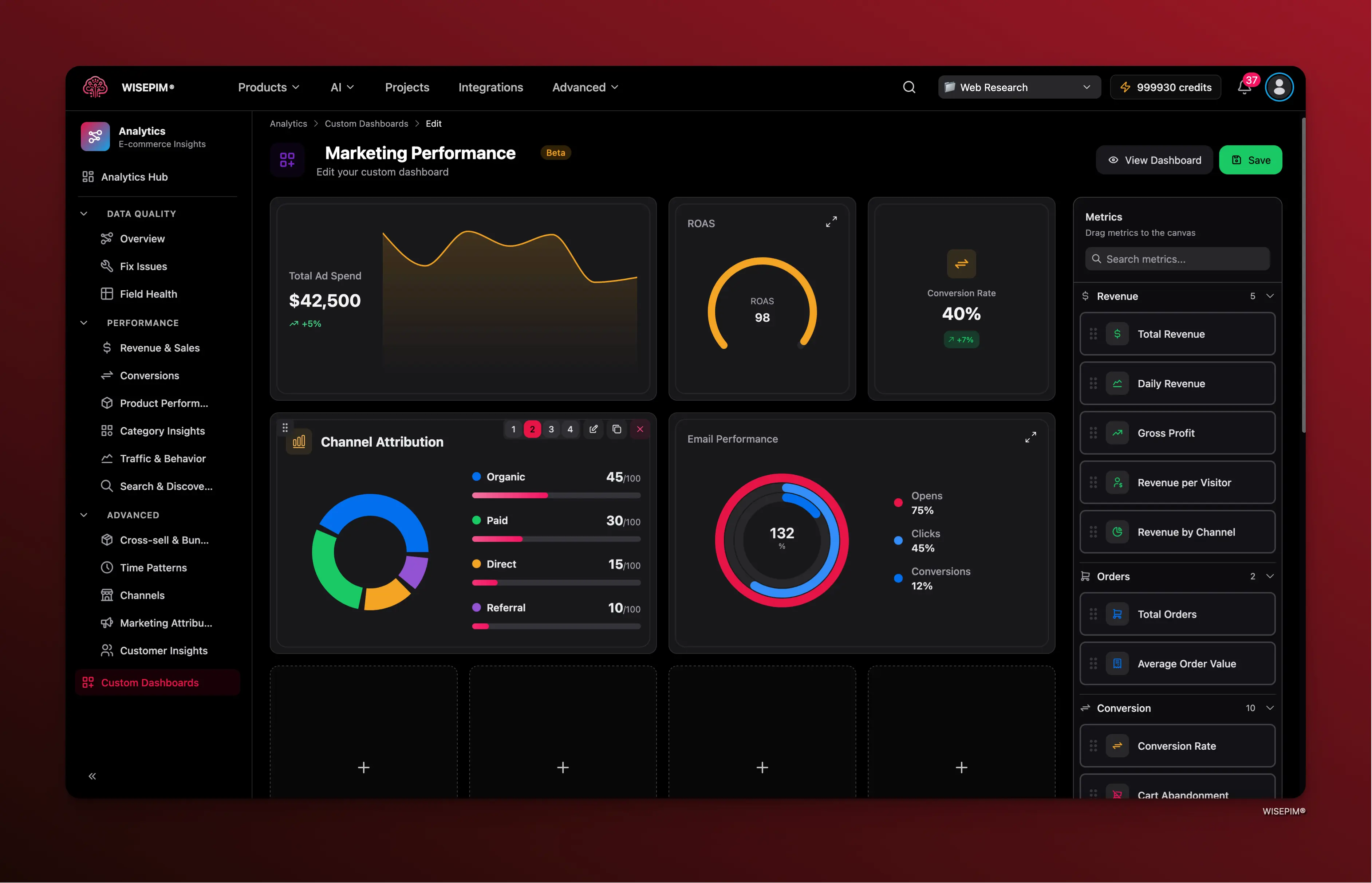 Dashboard builder showing the canvas with widgets and the widget configuration panel