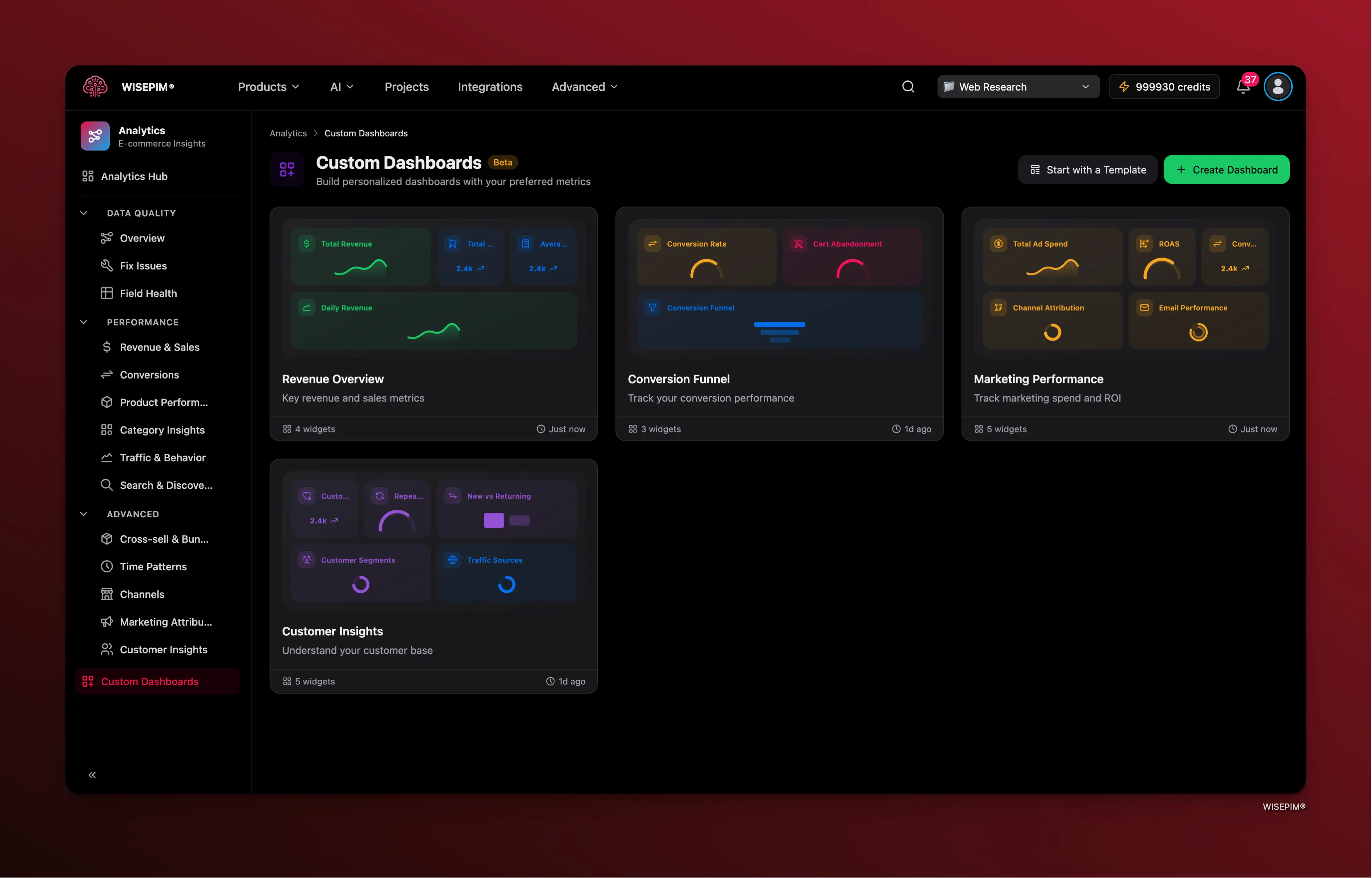 Custom Dashboards overview showing dashboard cards with previews and quick actions