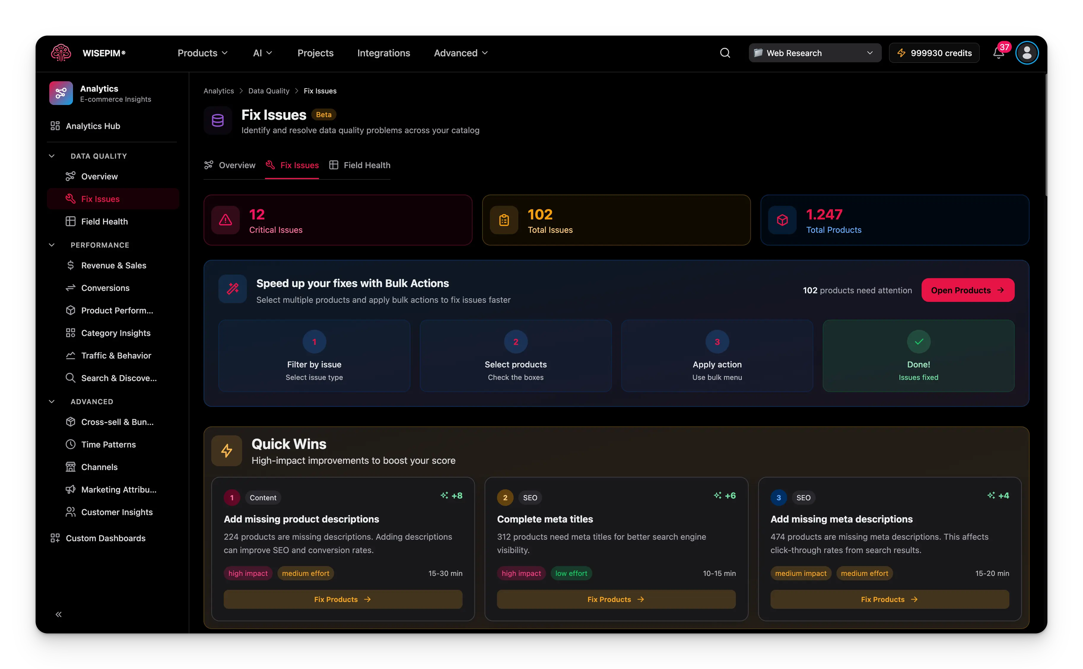 Fix Issues page showing quick wins and products needing attention