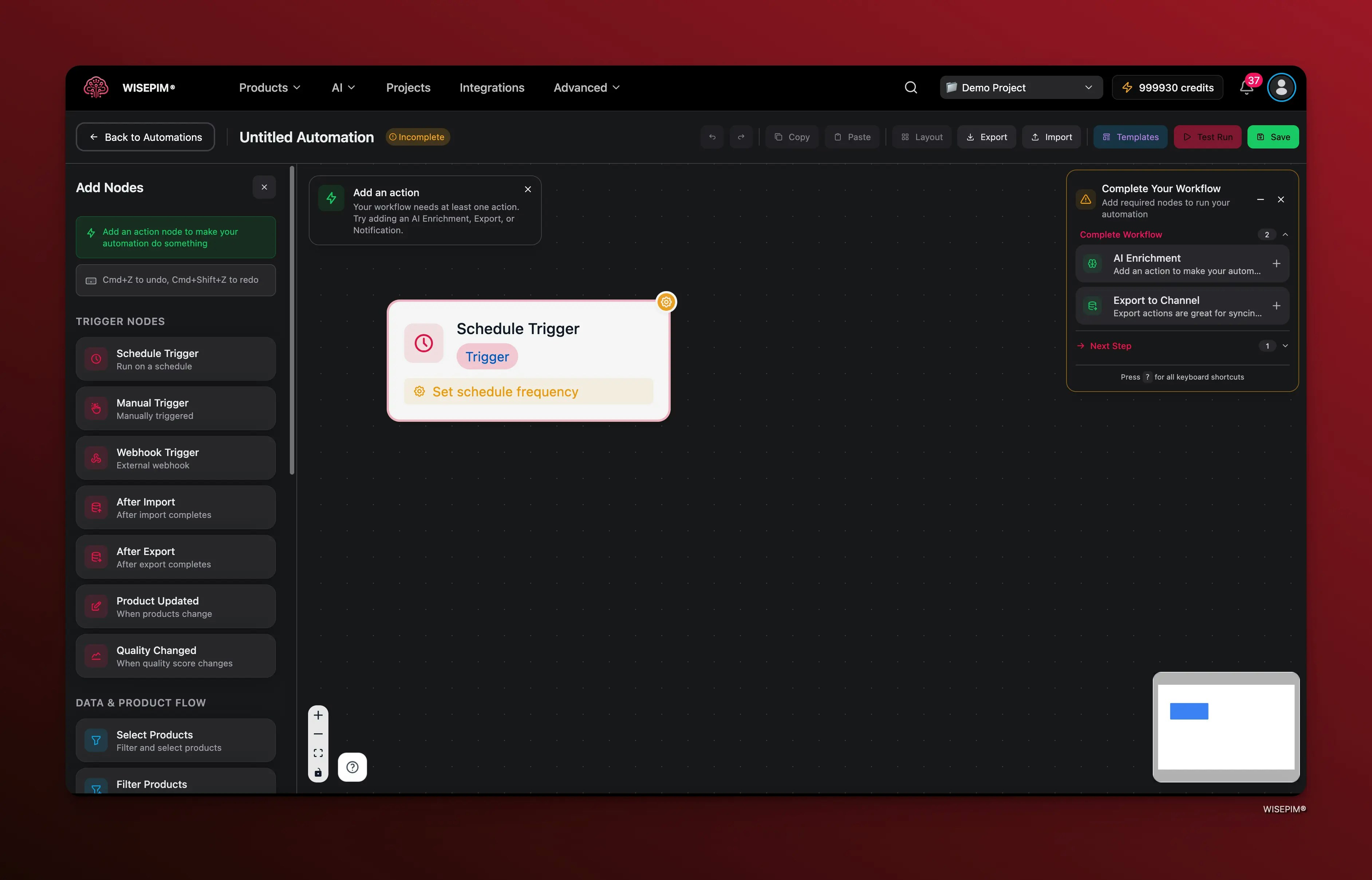 Visual automation builder showing a workflow with connected nodes on the canvas