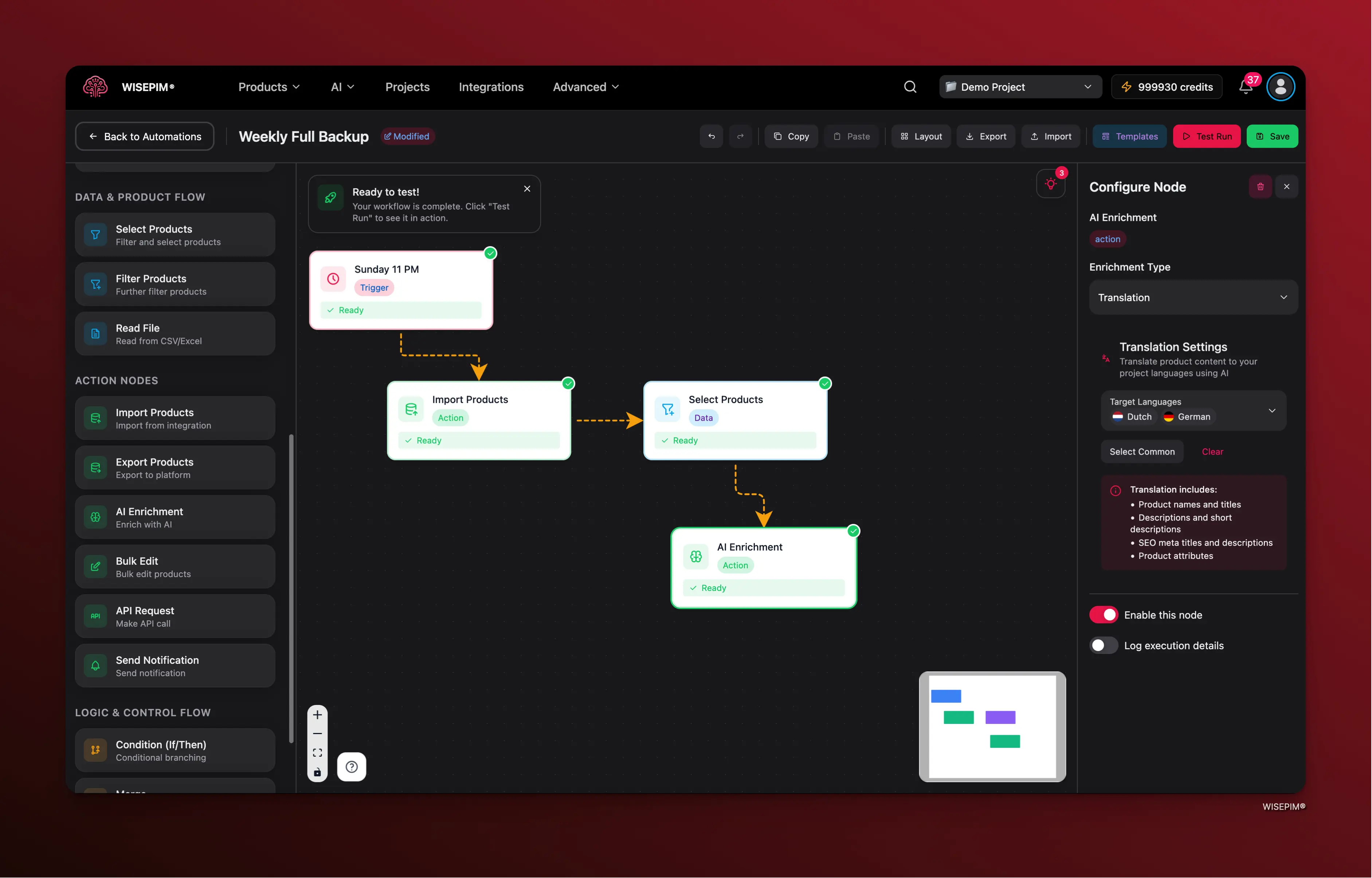 Node configuration side panel showing settings for a selected automation node