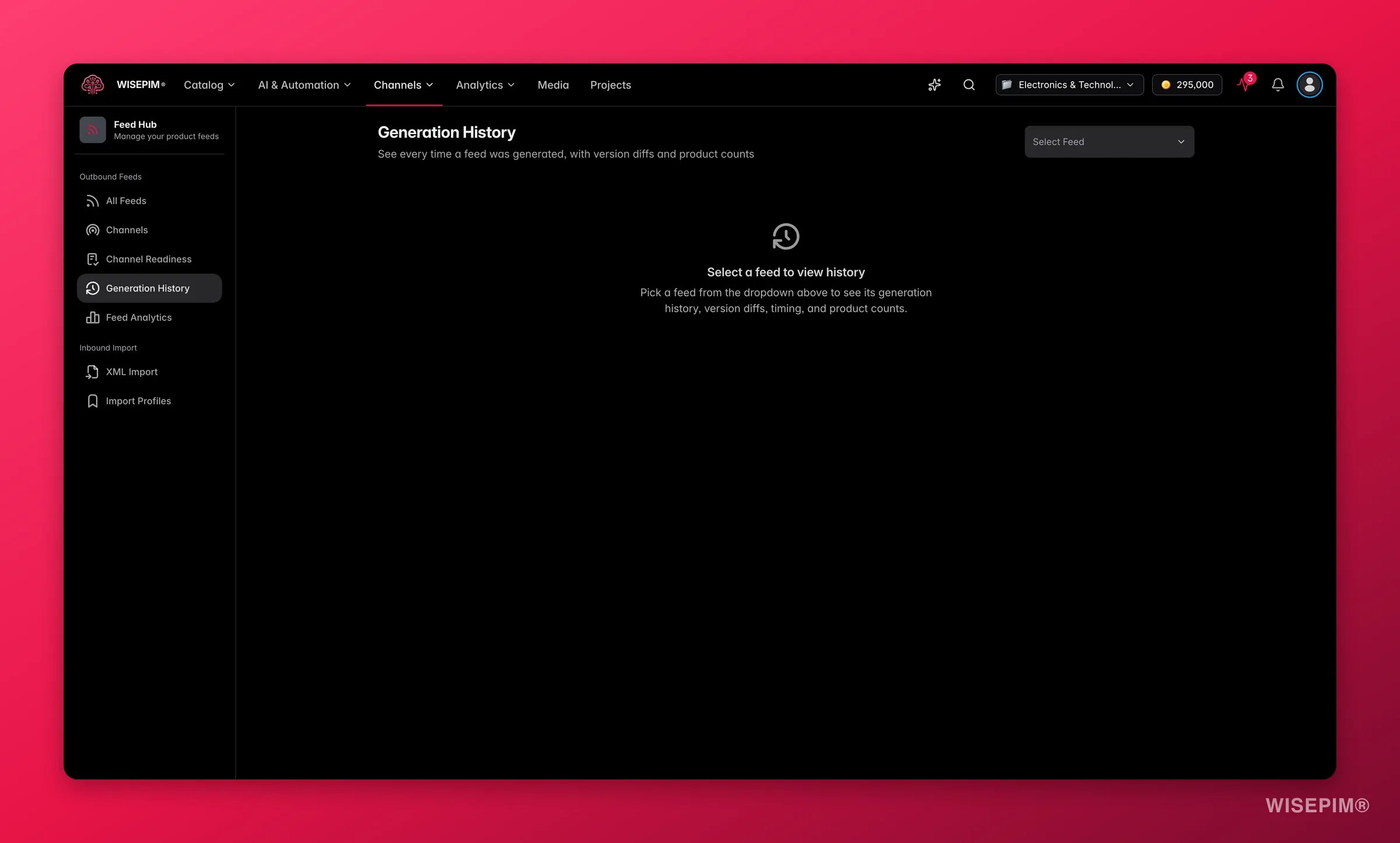 WISEPIM Feed Hub run history with sync results per channel