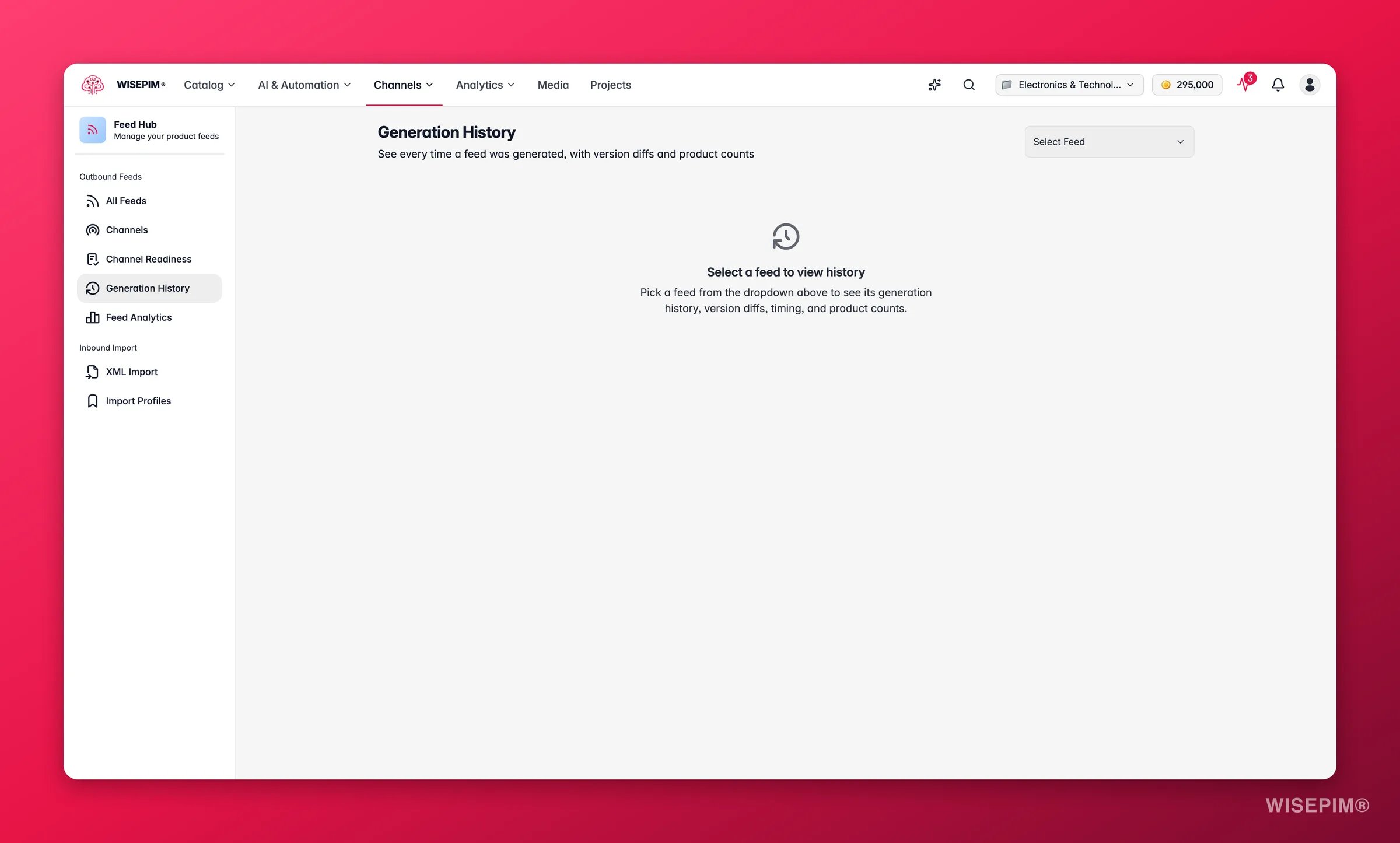 WISEPIM Feed Hub run history with sync results per channel