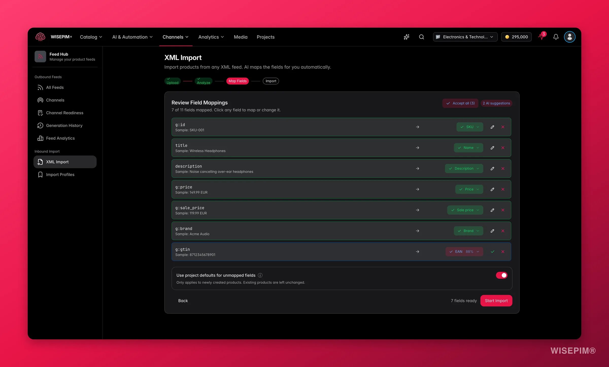 WISEPIM Feed Hub XML import - AI field-mapping review with confidence chips and accept/reject