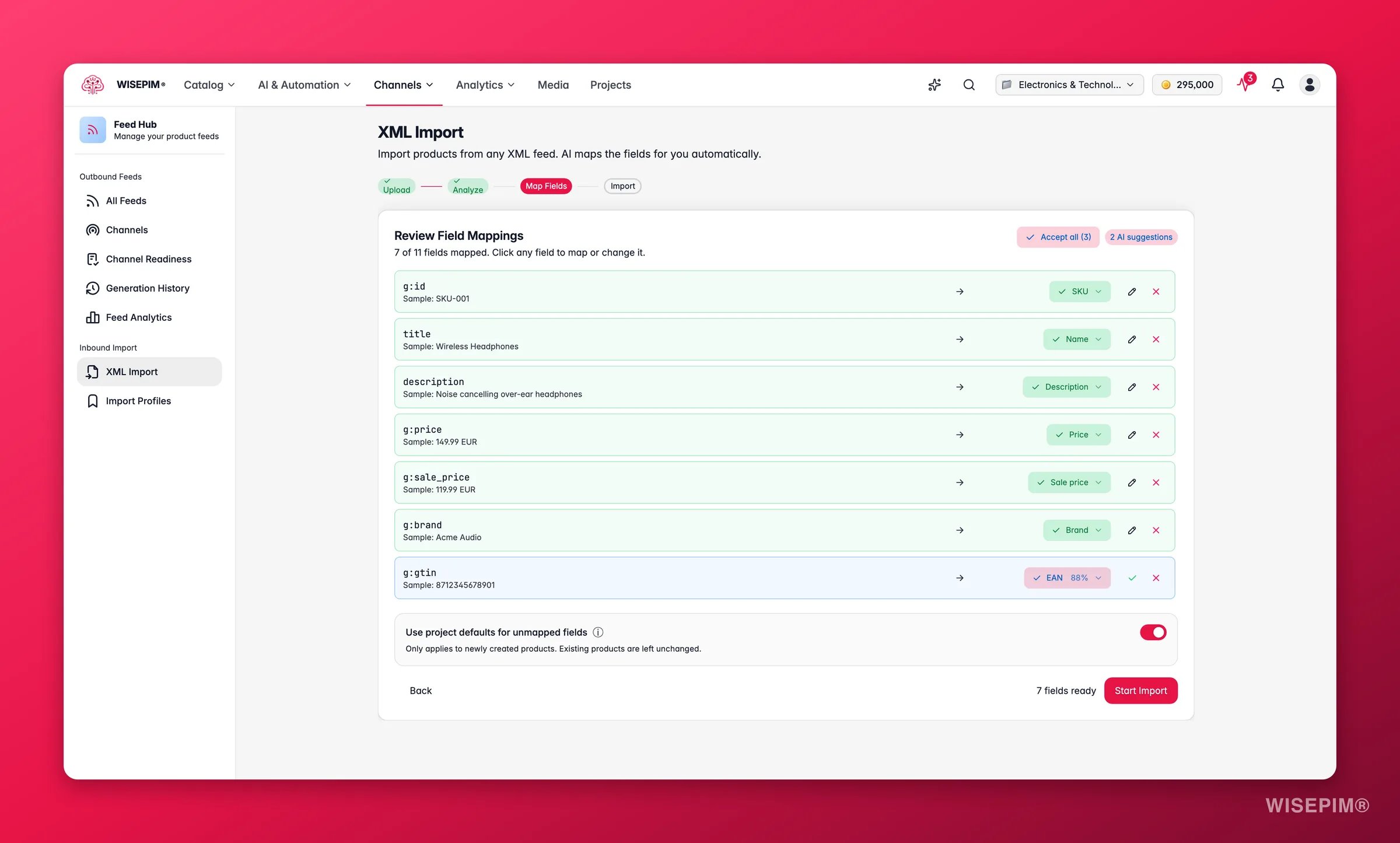 WISEPIM Feed Hub XML import - AI field-mapping review with confidence chips and accept/reject