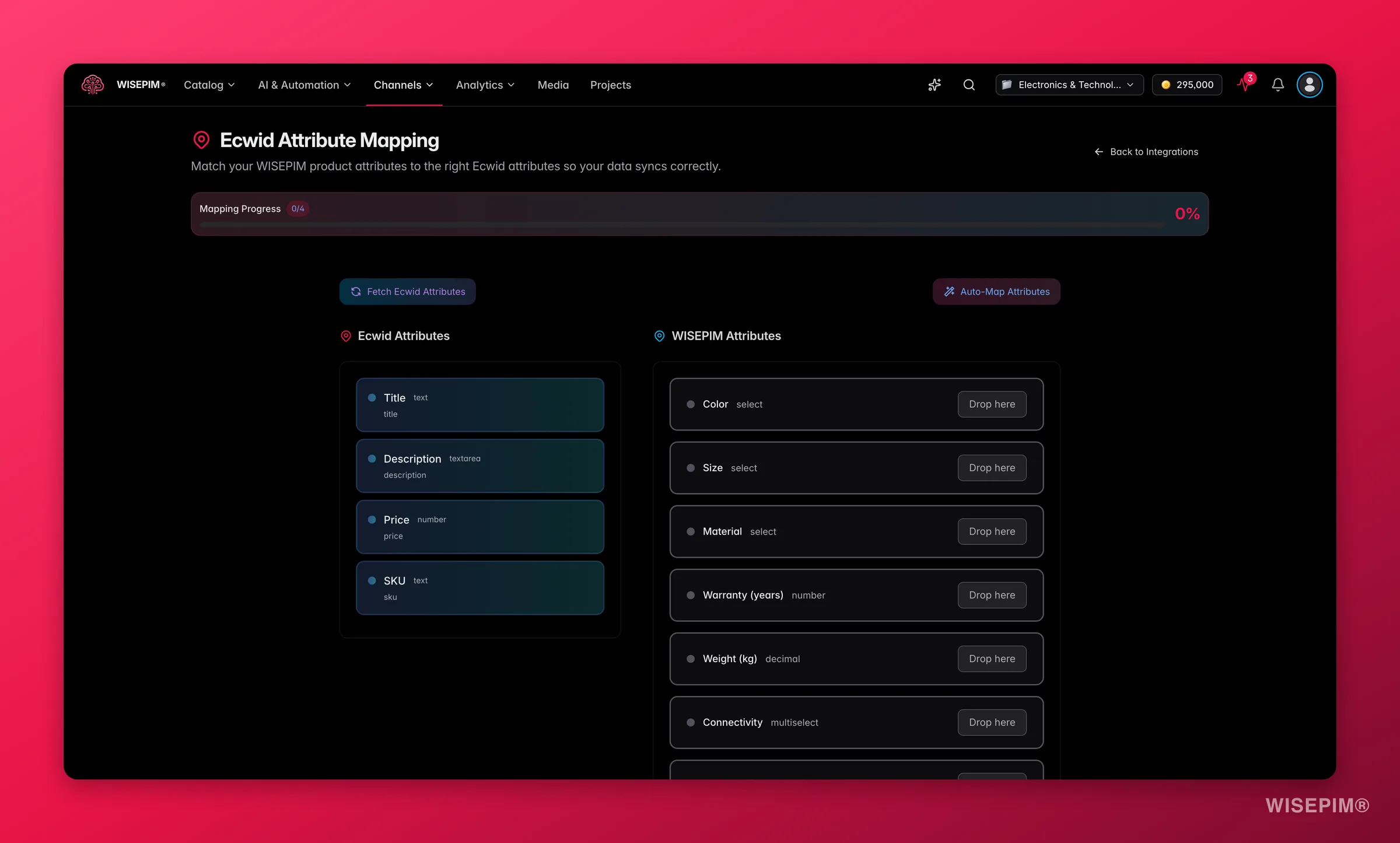WISEPIM integration attribute mapper aligning platform fields to WISEPIM product attributes