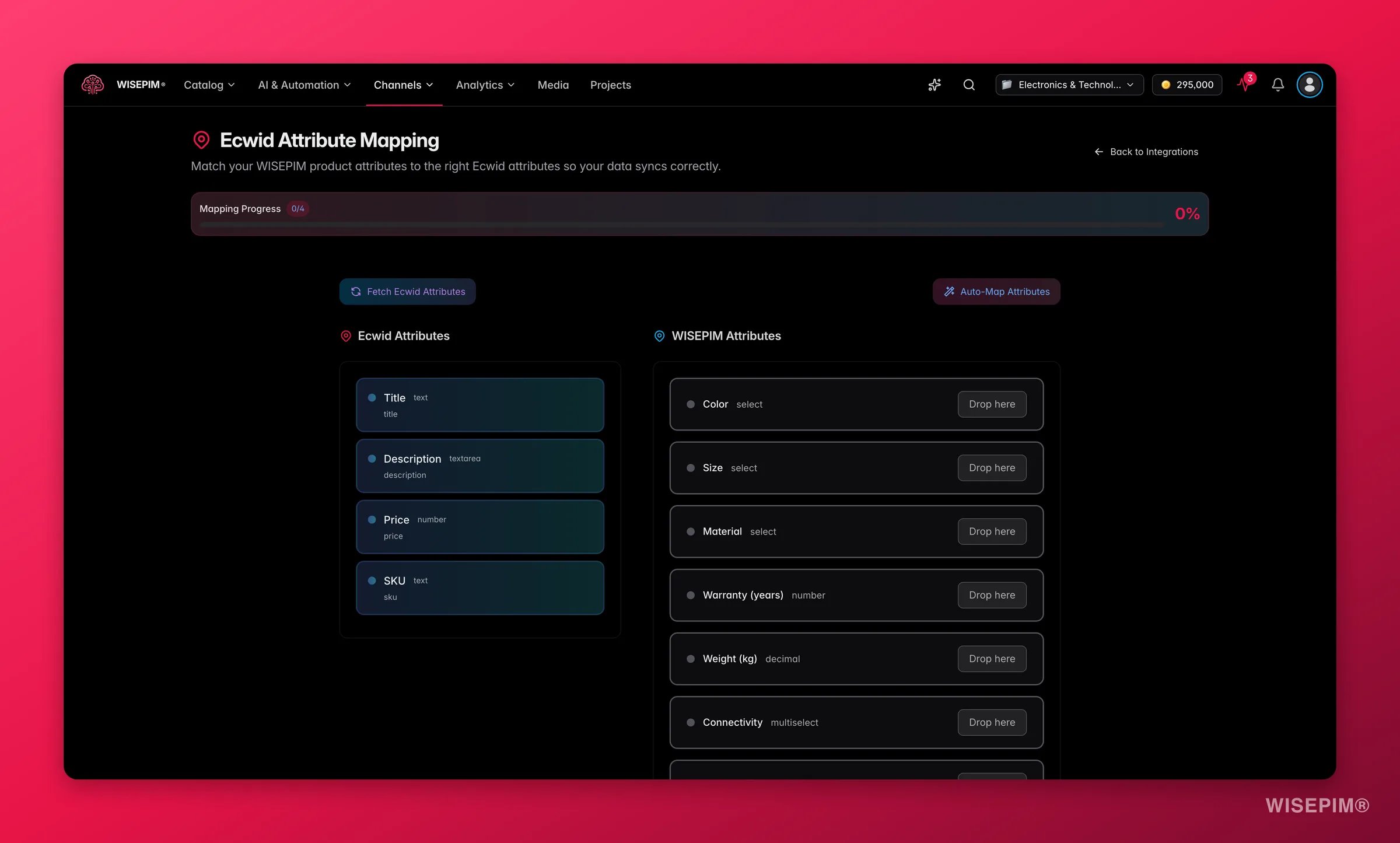 WISEPIM integration attribute mapper aligning platform fields to WISEPIM product attributes
