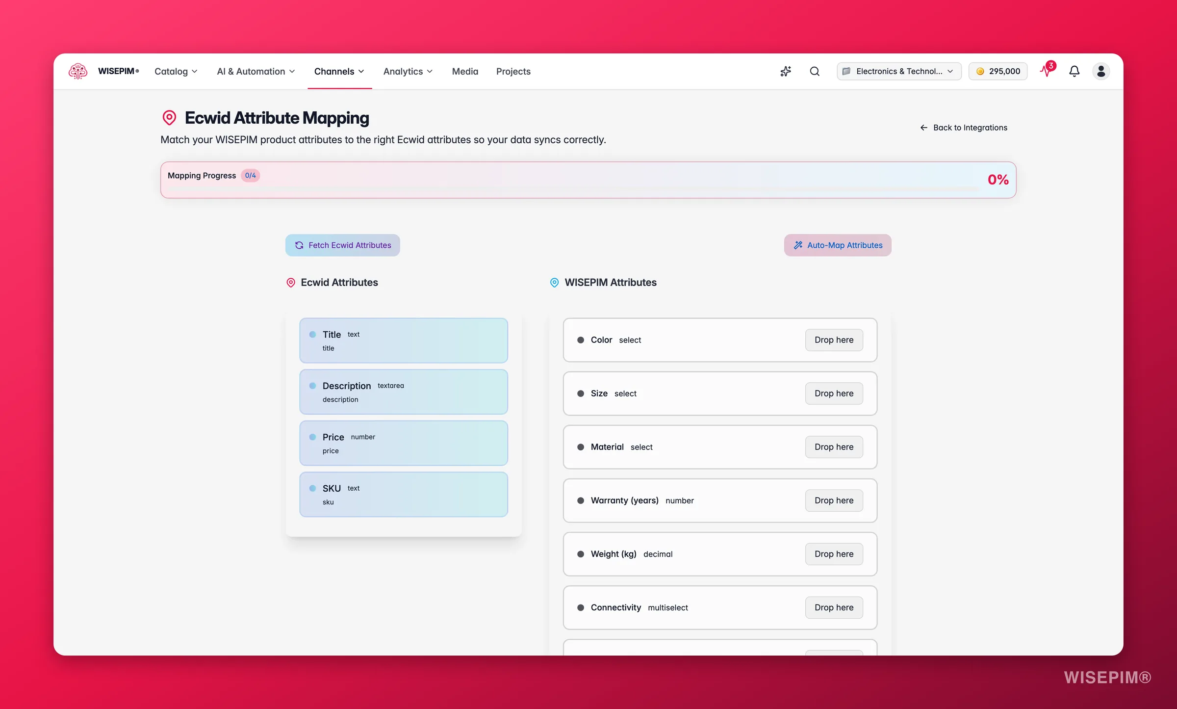 WISEPIM integration attribute mapper aligning platform fields to WISEPIM product attributes