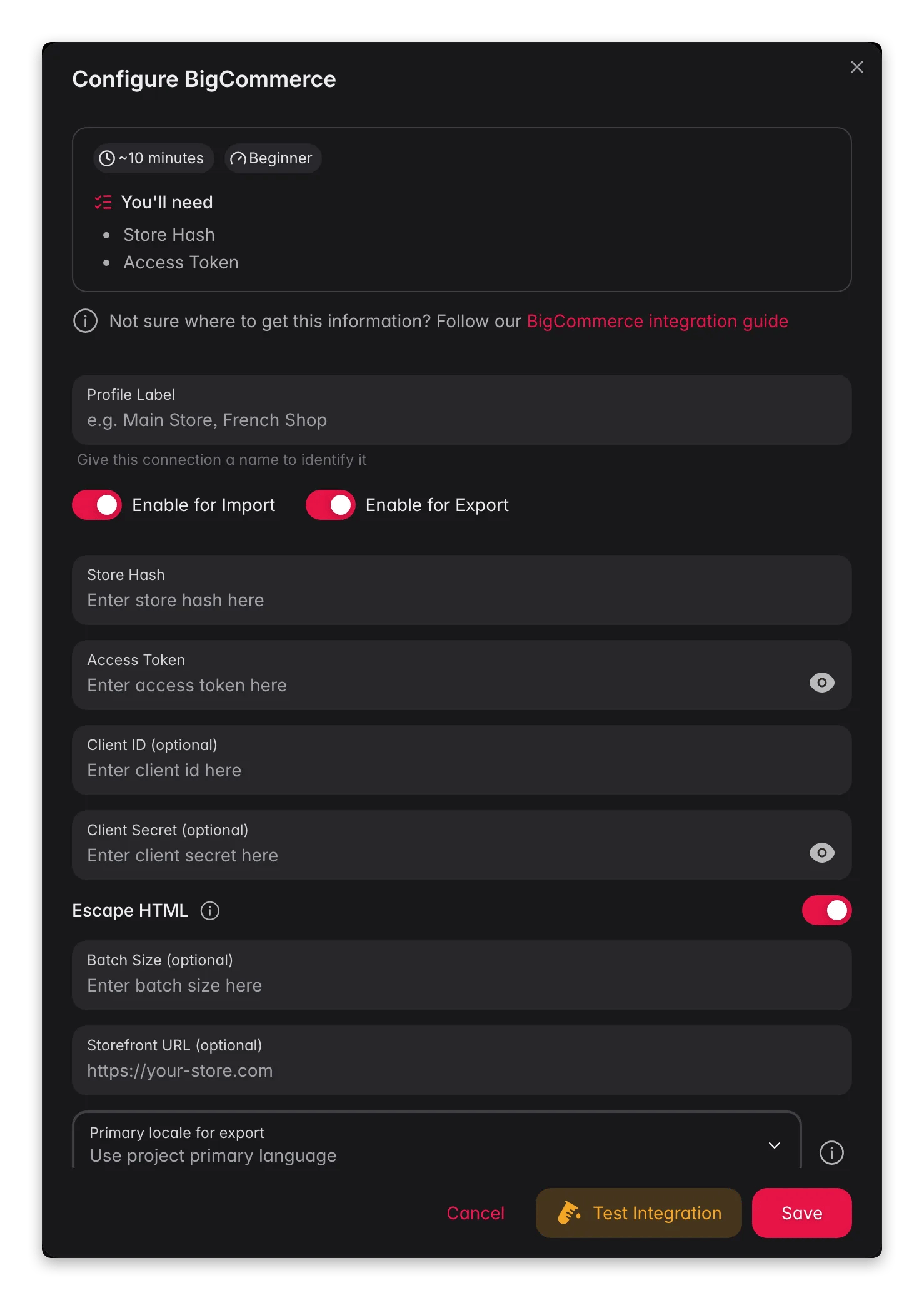 Connecting BigCommerce to WISEPIM, store hash, access token, locale mapping and a live connection test