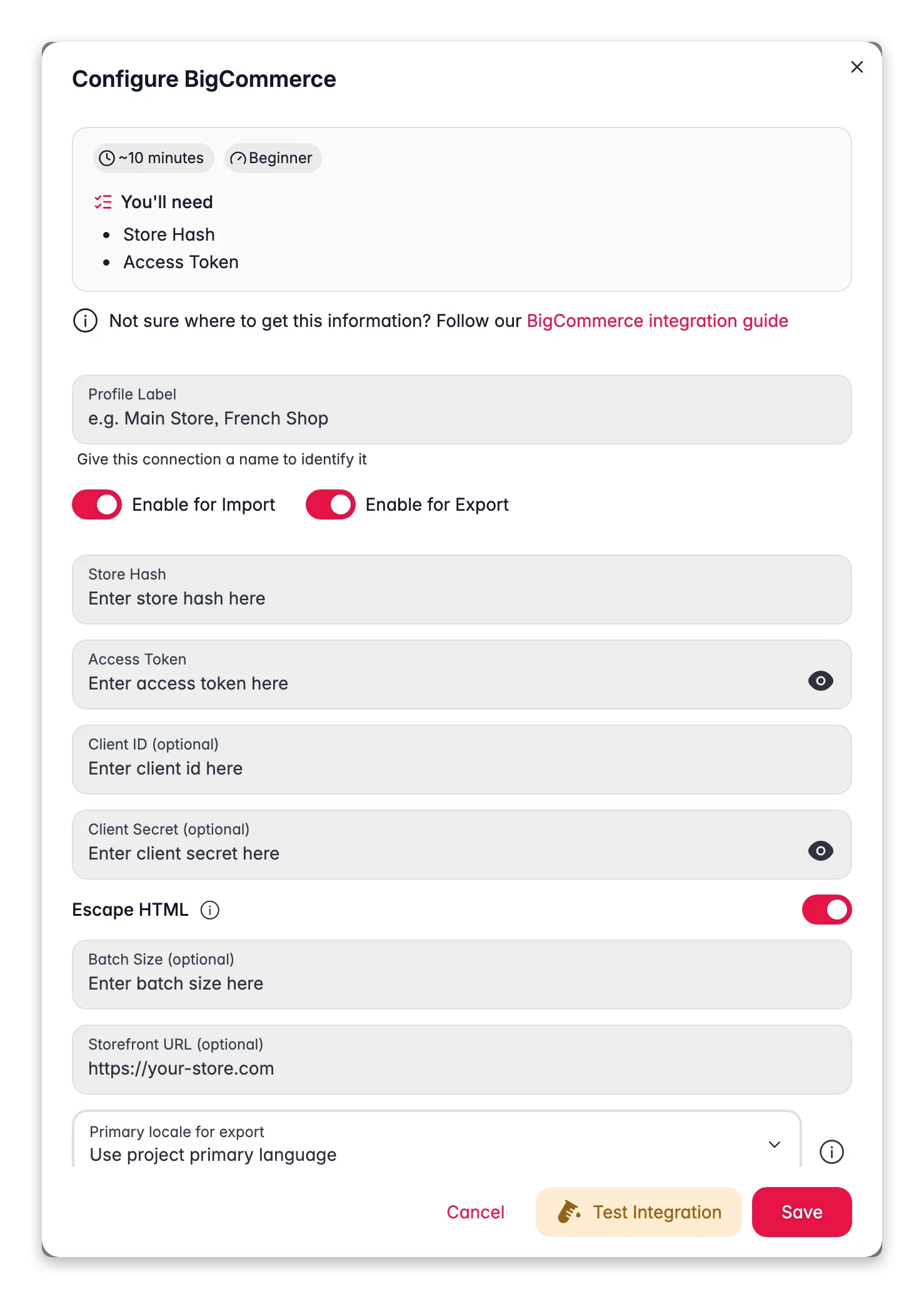 Connecting BigCommerce to WISEPIM, store hash, access token, locale mapping and a live connection test