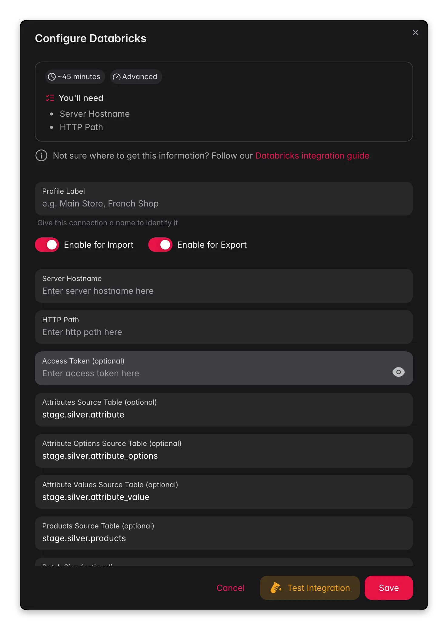 Connecting Databricks to WISEPIM, credentials, locale mapping and a live connection test