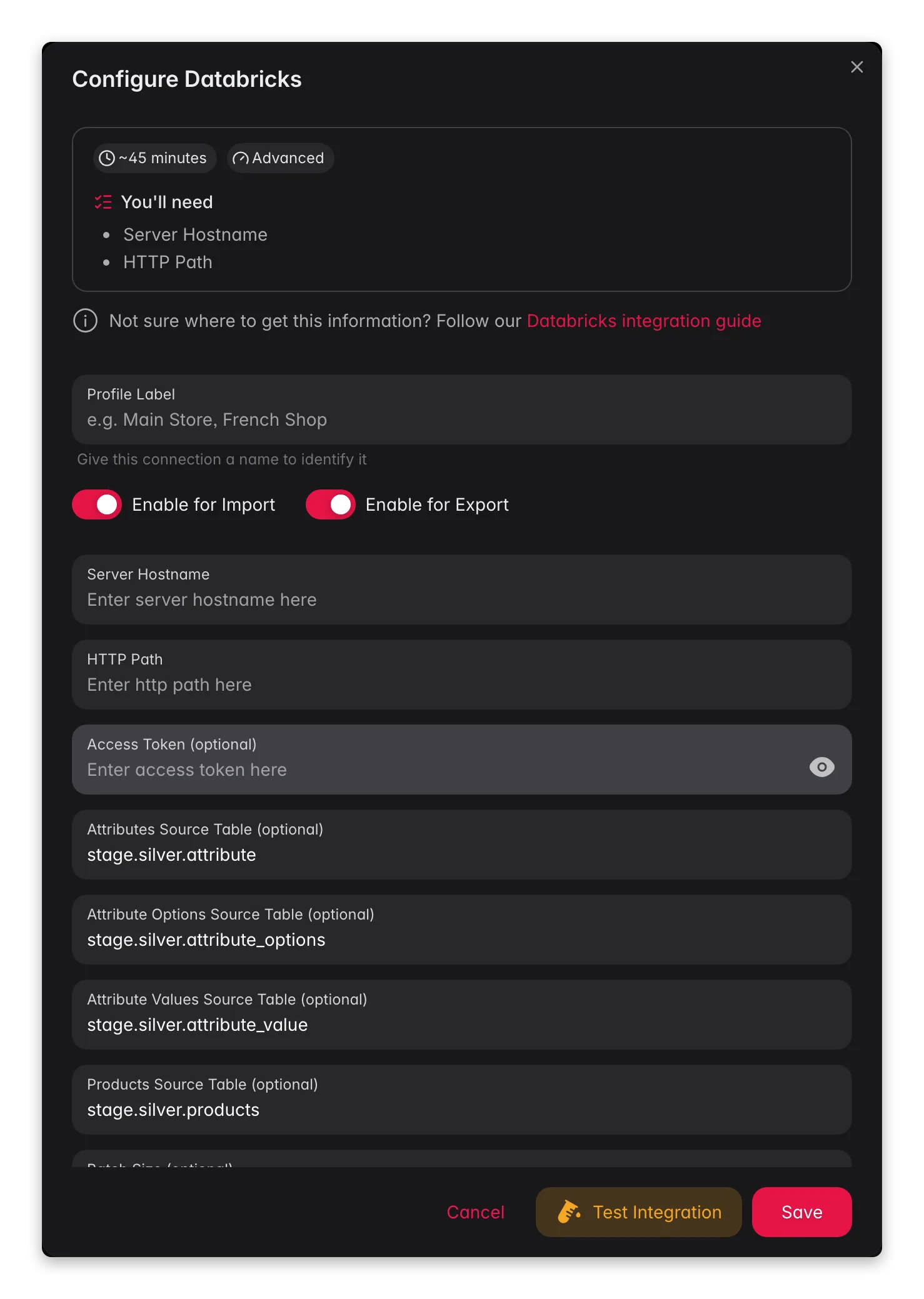 Connecting Databricks to WISEPIM, credentials, locale mapping and a live connection test