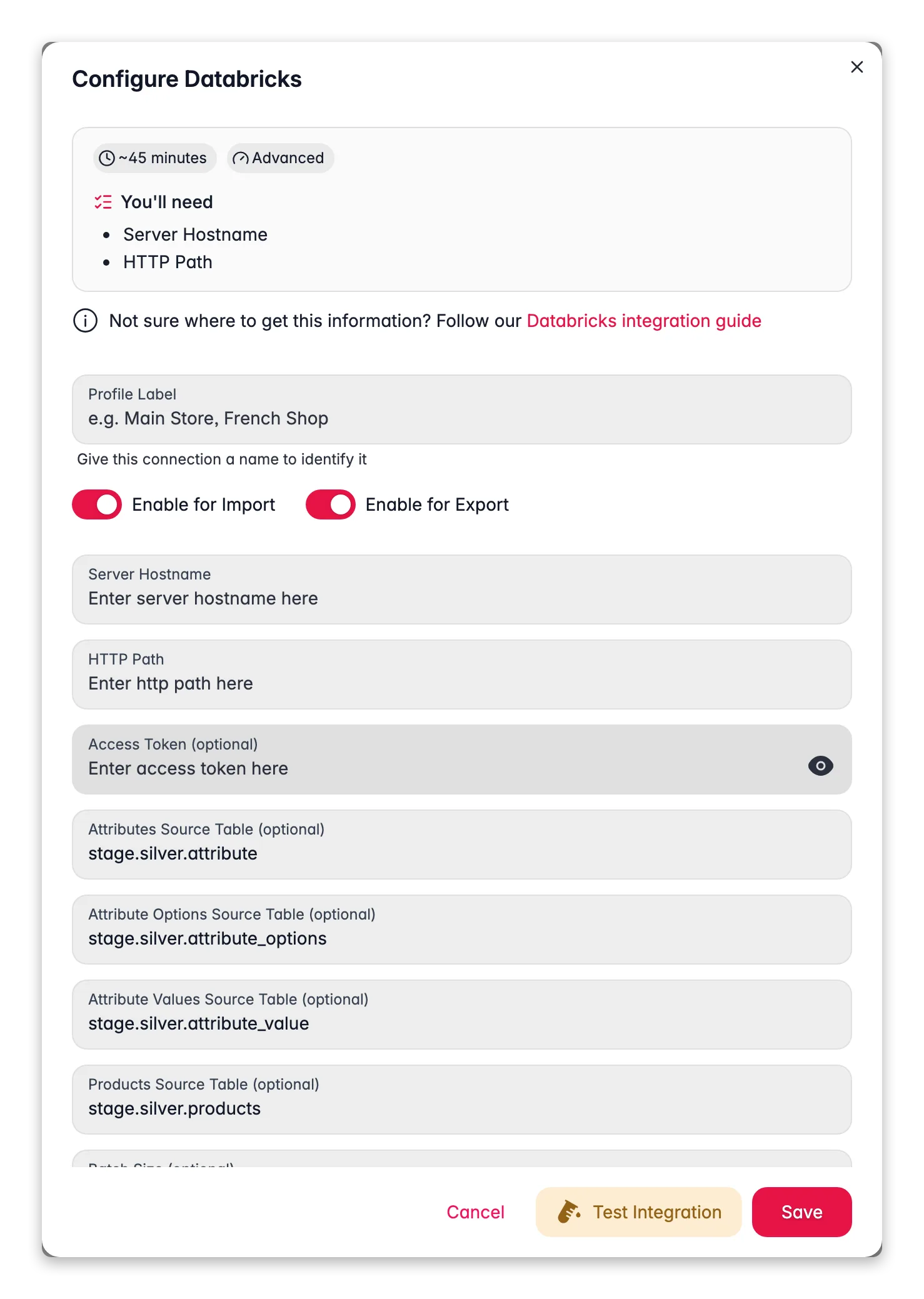 Connecting Databricks to WISEPIM, credentials, locale mapping and a live connection test