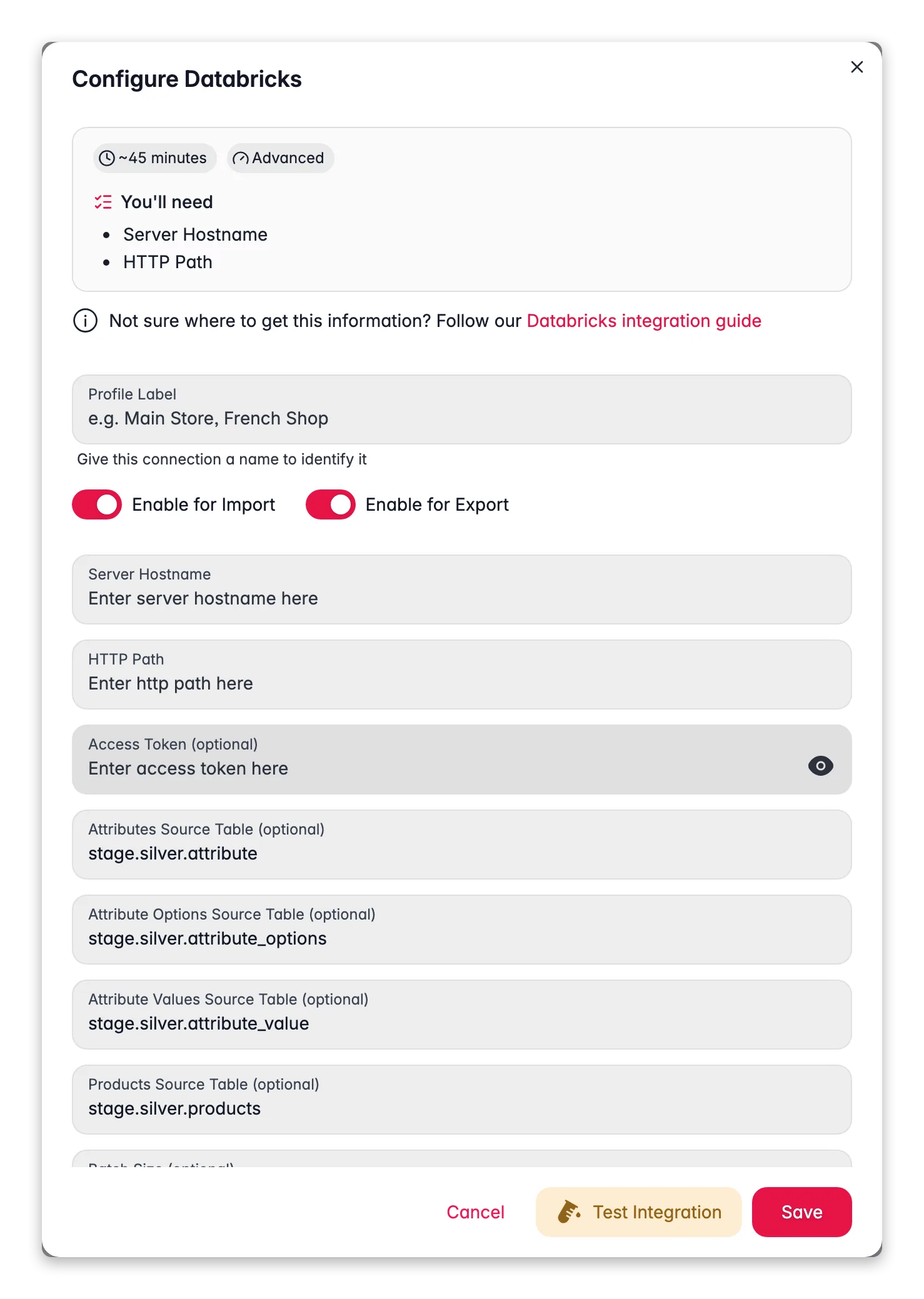 Connecting Databricks to WISEPIM, credentials, locale mapping and a live connection test