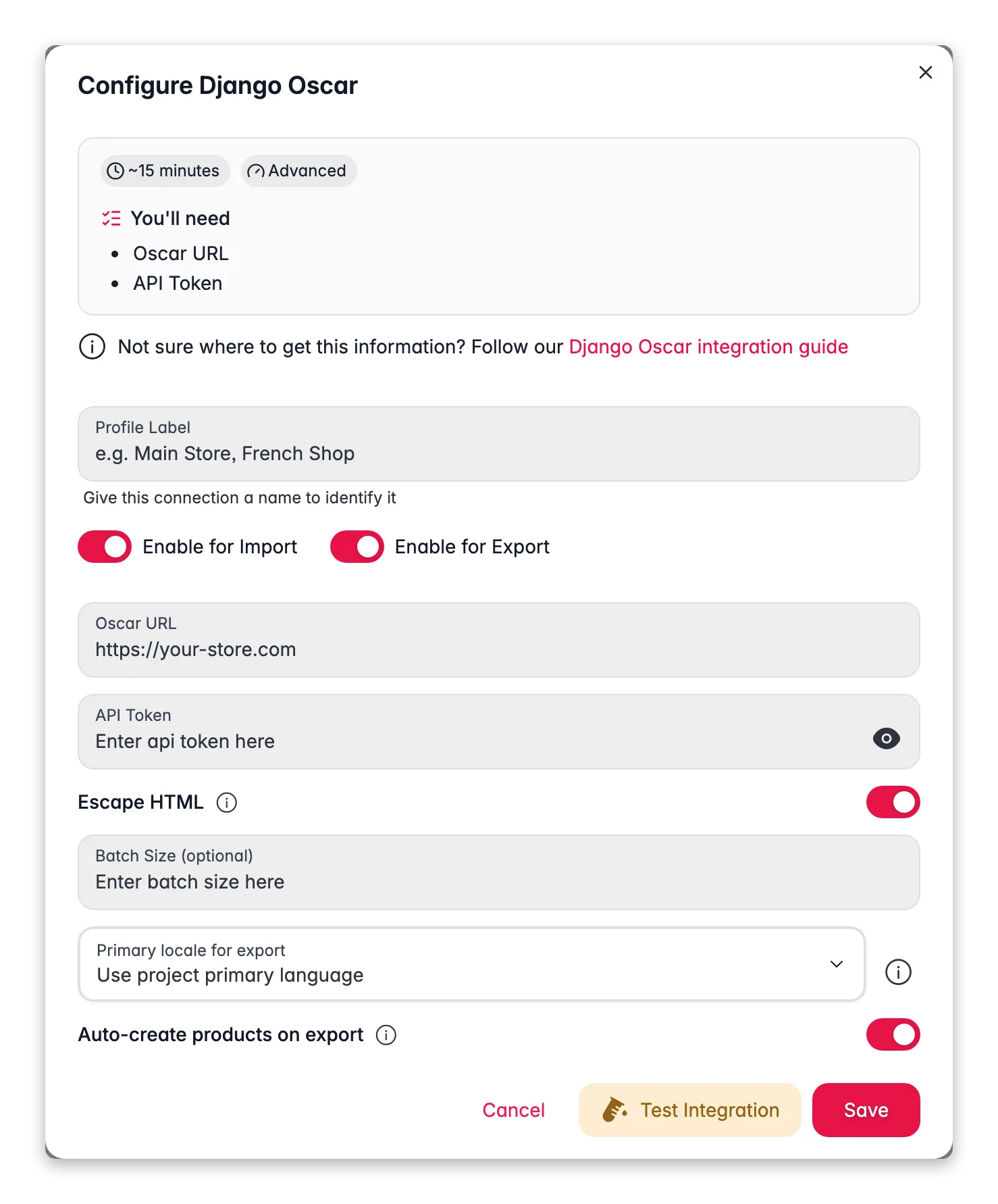 Connecting Django Oscar to WISEPIM, store URL, API token, locale mapping and a live connection test