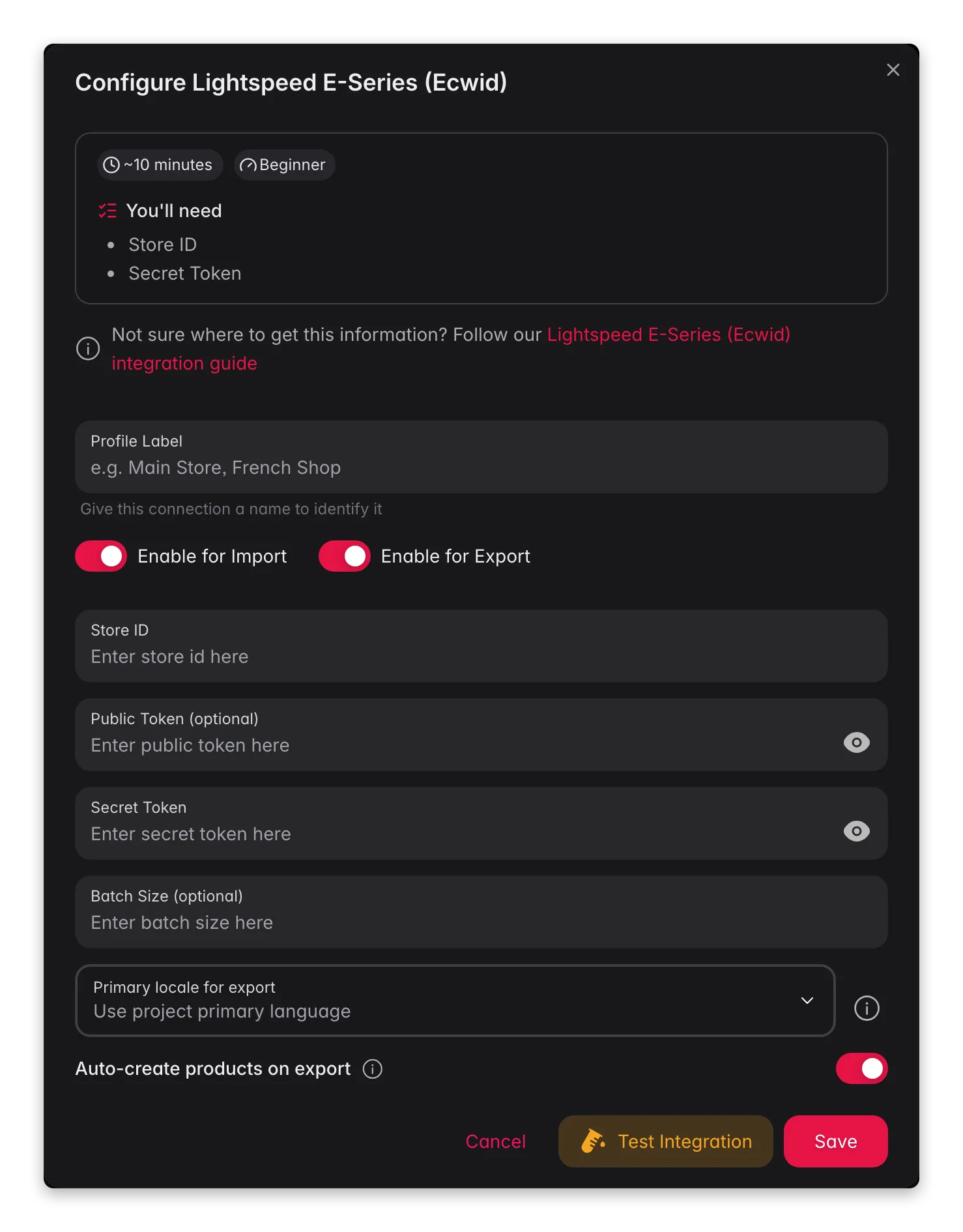 Connecting Lightspeed E-Series (Ecwid) to WISEPIM, credentials, locale mapping and a live connection test