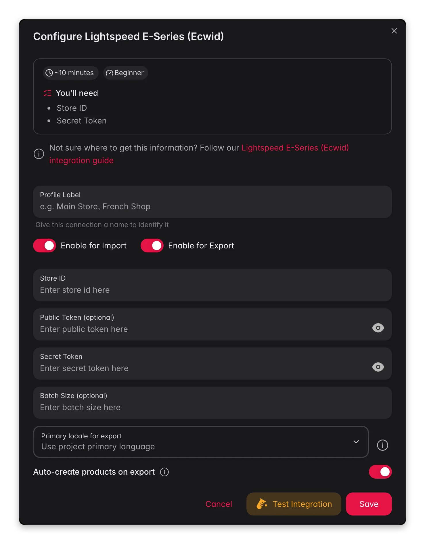 Connecting Lightspeed E-Series (Ecwid) to WISEPIM, credentials, locale mapping and a live connection test