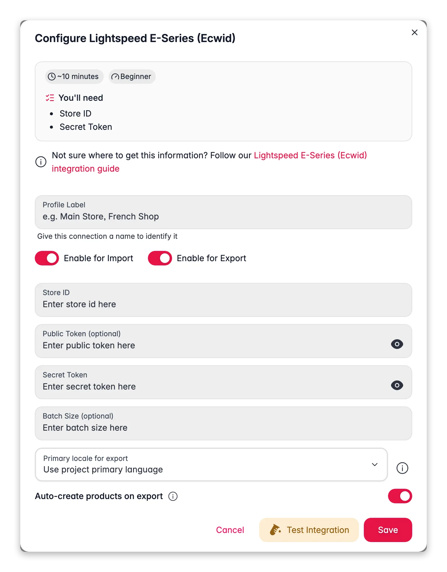 Connecting Lightspeed E-Series (Ecwid) to WISEPIM, credentials, locale mapping and a live connection test