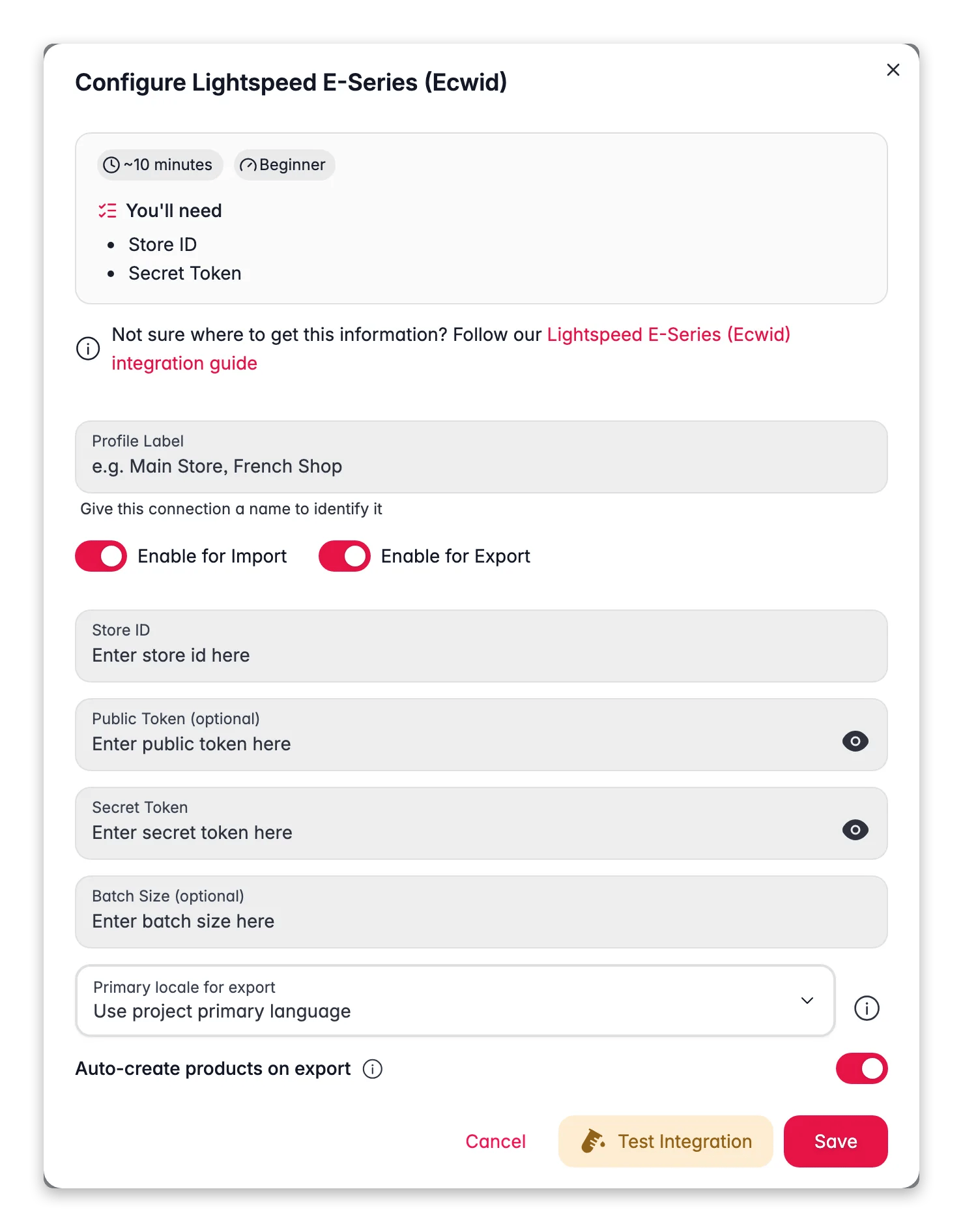 Connecting Lightspeed E-Series (Ecwid) to WISEPIM, credentials, locale mapping and a live connection test