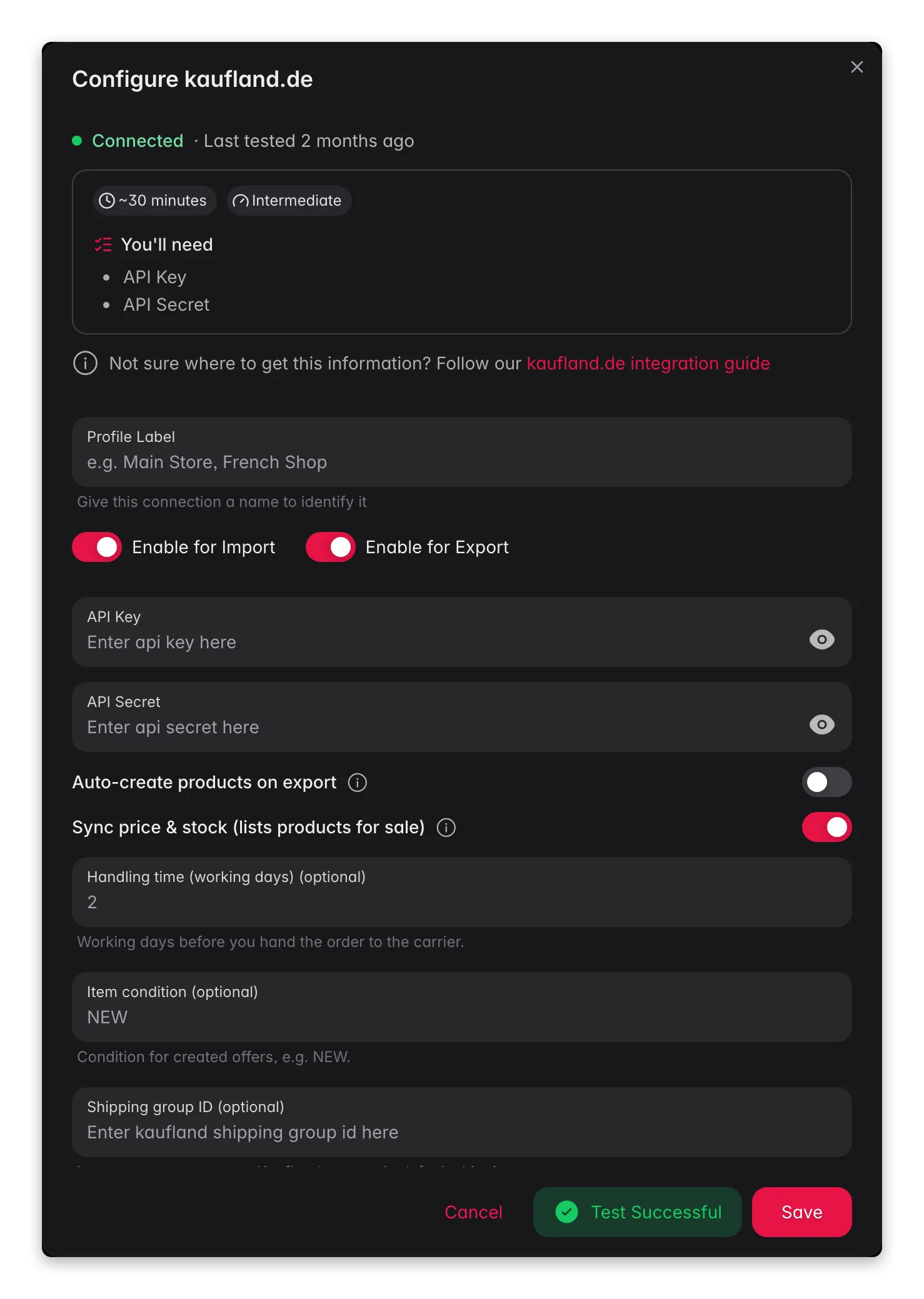 Connecting Kaufland.de to WISEPIM, credentials, locale mapping and a live connection test