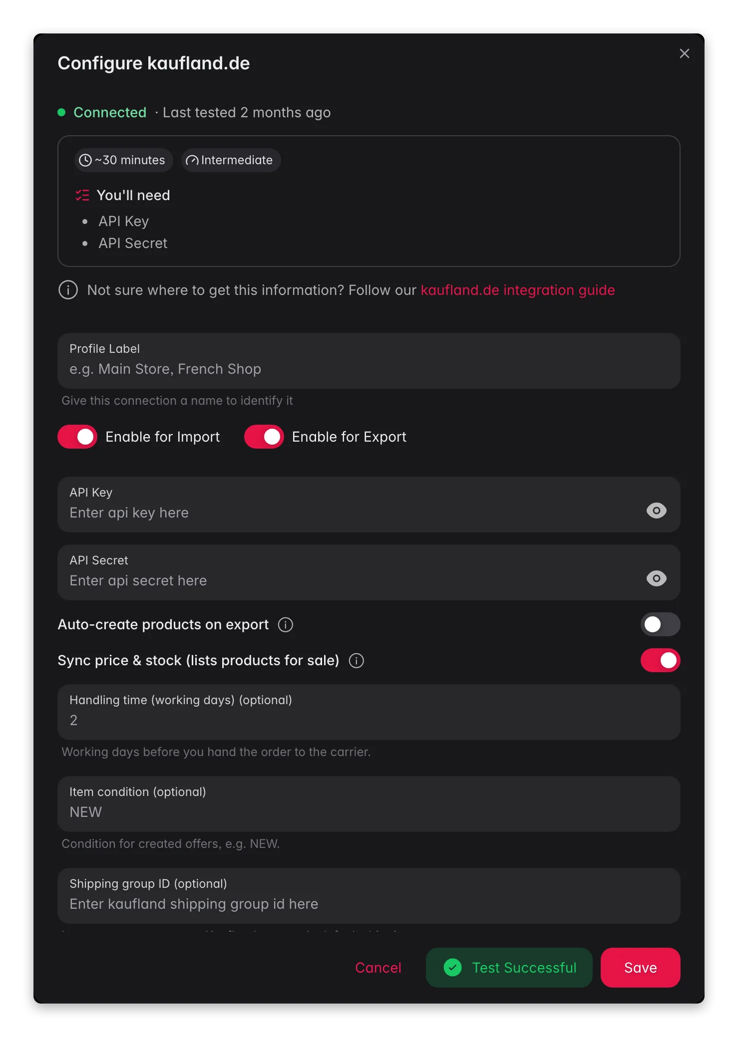 Connecting Kaufland.de to WISEPIM, credentials, locale mapping and a live connection test