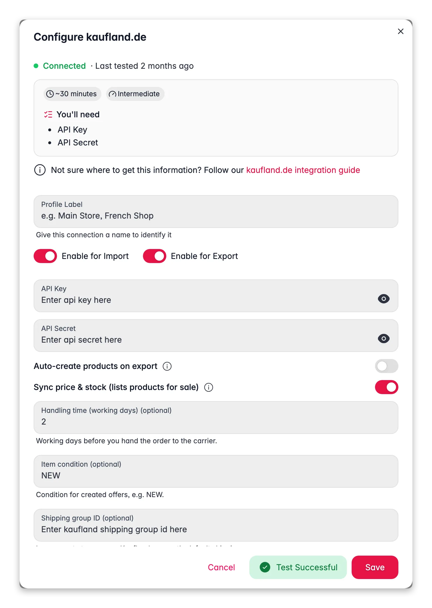 Connecting Kaufland.de to WISEPIM, credentials, locale mapping and a live connection test